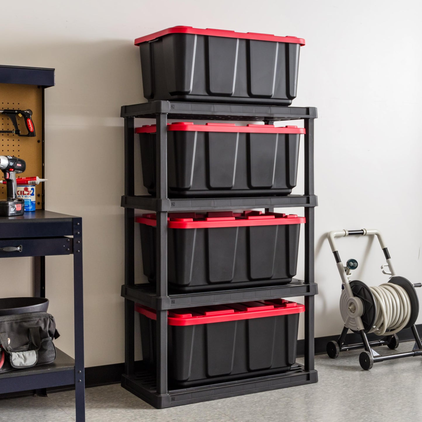 IRIS USA 27 Gallon Heavy Duty Truck Bed Toolbox Storage Tote Bins with Lids, 4 Pack - Made in USA, Tough Snap On Lockable Lid Stackable Industrial Tubs, Garage Organization Reusable Box - Red