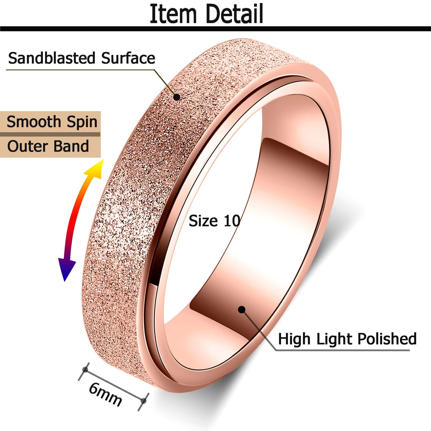 OreilleStar Anxiety Ring for Women Fidget Spinner Ring Fidget Toys Adults Titanium Stainless Steel Thumb Ring 6mm Wide Rose Gold Size 7