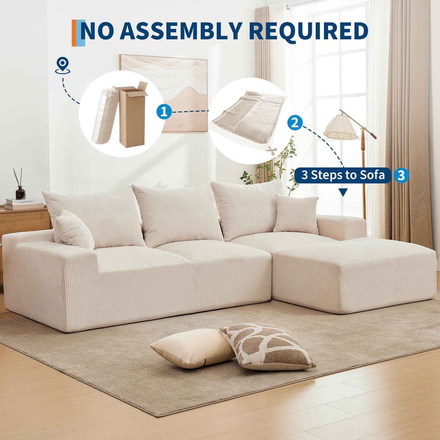 110" Modular Sectional Sofa Couches for Living Room, Cloud Memory Boneless Couch, No Assembly Required,Comfy Cloud 3-Seater Couch with Chaise, Memory Foam Sofa for Offices, Bedroom and Apartment