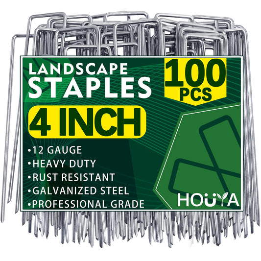 HOUYA 100 Pack Landscape Staples 4 Inch 12 Gauge Garden Stakes Galvanized Garden Staples Pins Anti-Rust Ground Stakes for Weed Barrier, Irrigation Tubing, Yard Lawn, Landscape Fabric