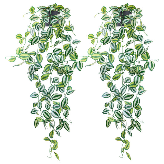 LOYWREE 2 Pack Fake Hanging Plants - Small Potted Plants with Green Eyebrow-Leaf Trailing Vines, Indoor Outdoor Aesthetic Decor for Office, Living Room Shelf & Home Accent (Black Pot)