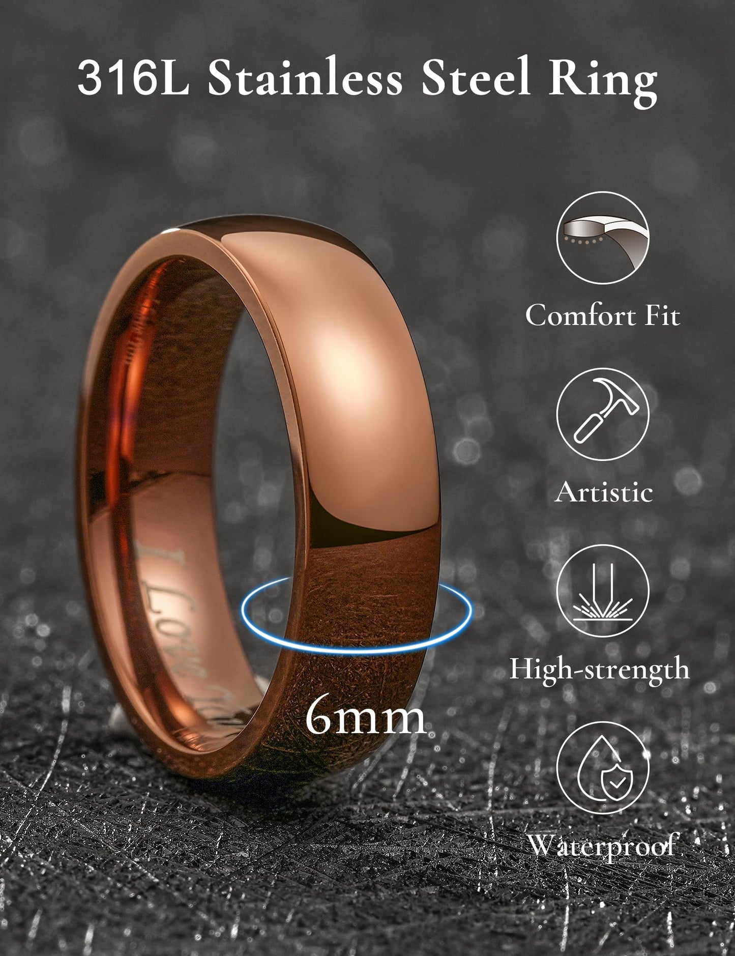 King Will 316L Stainless Steel Wedding Band for Men Women-6mm Width Brown Plated Wedding Ring Domed Style High Polished with Laser I Love You Comfort Fit Size 11