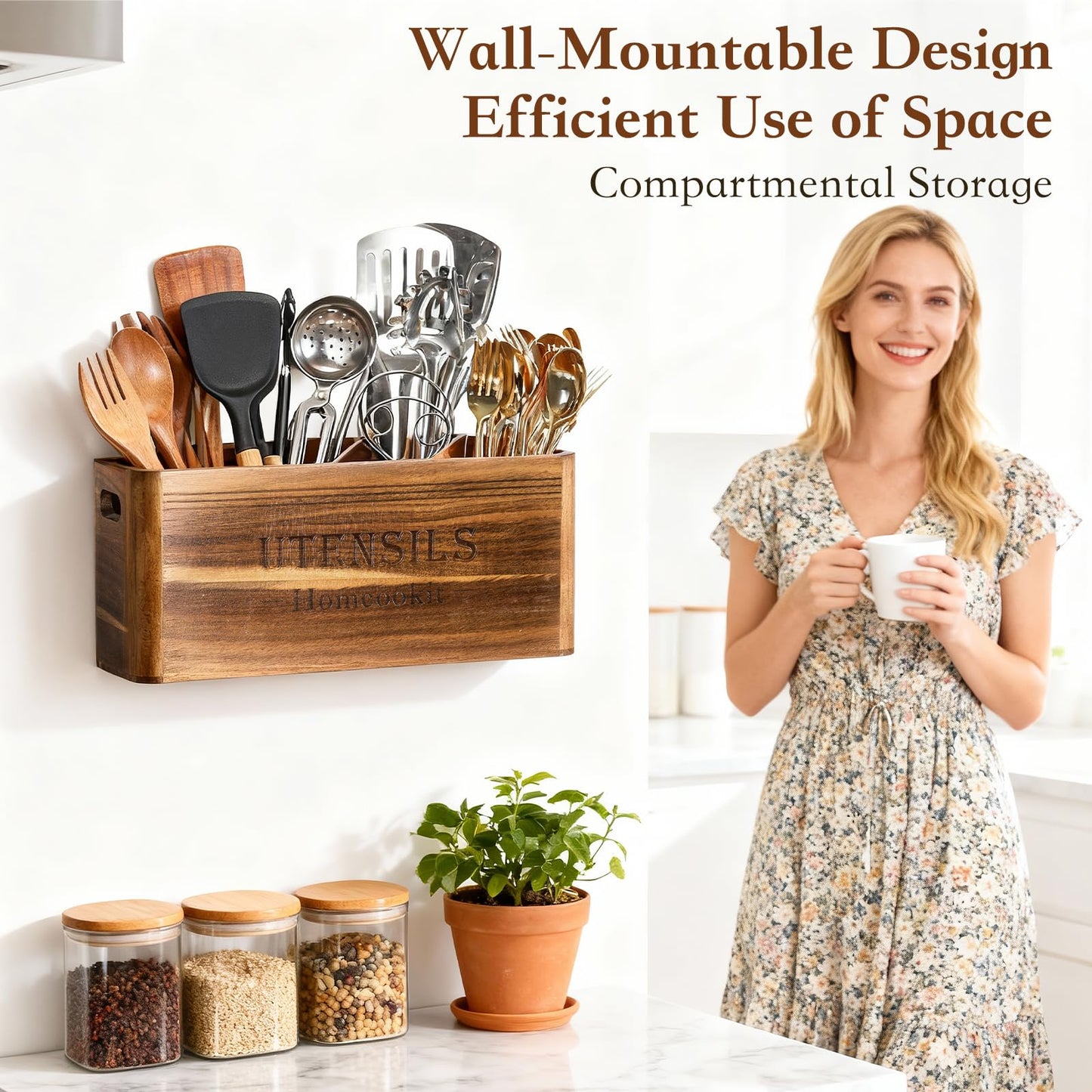 Homcookit Utensil Holder for Kitchen Countertop, Extra Large Acacia Wood Organizer, 4-Compartment Storage for Cooking Tools, Farmhouse-Style Cutlery Holder