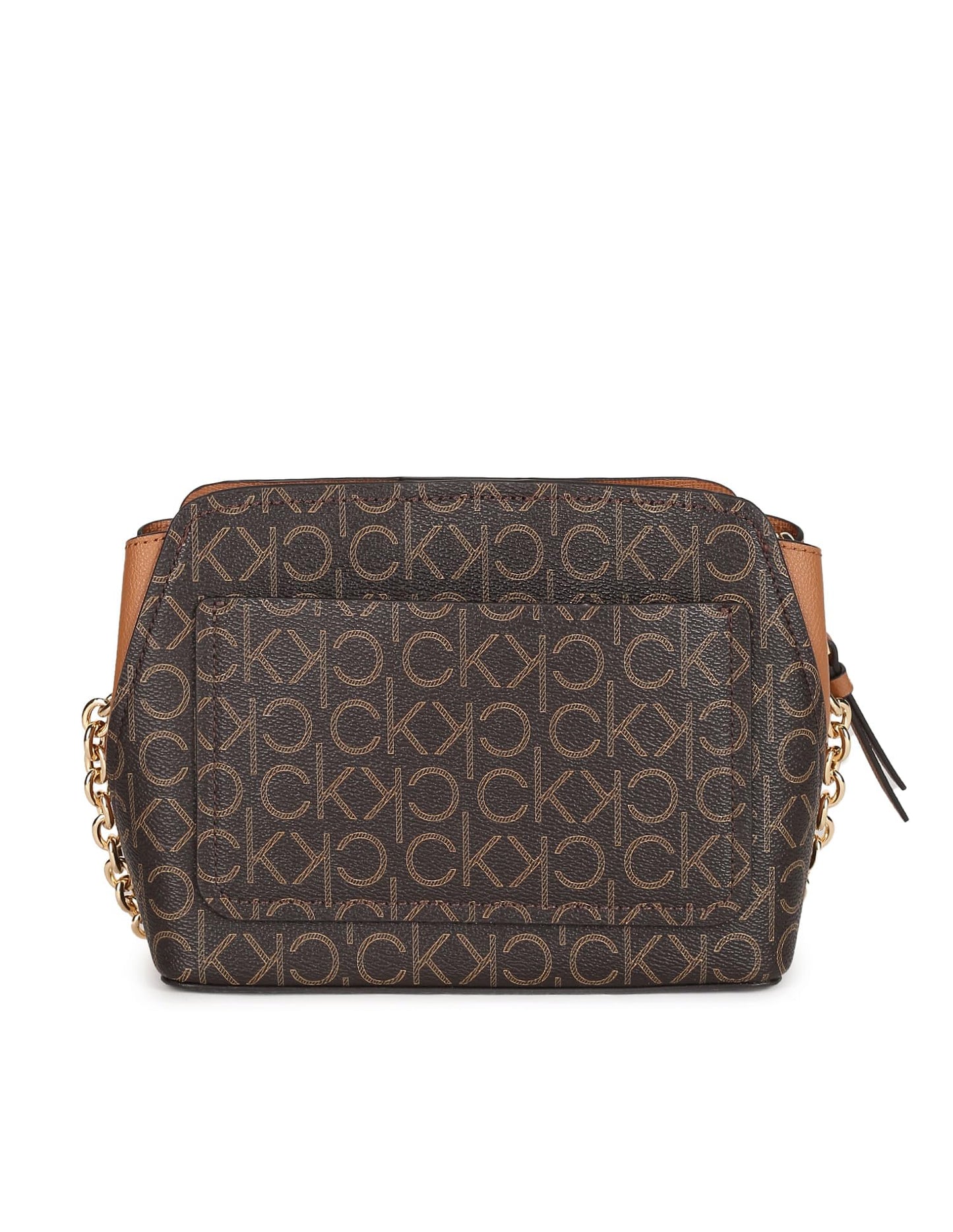 Calvin Klein Women's Hailey Signature Triple Compartment Chain Crossbody, Brown/Khaki/Caramel Linear, One Size