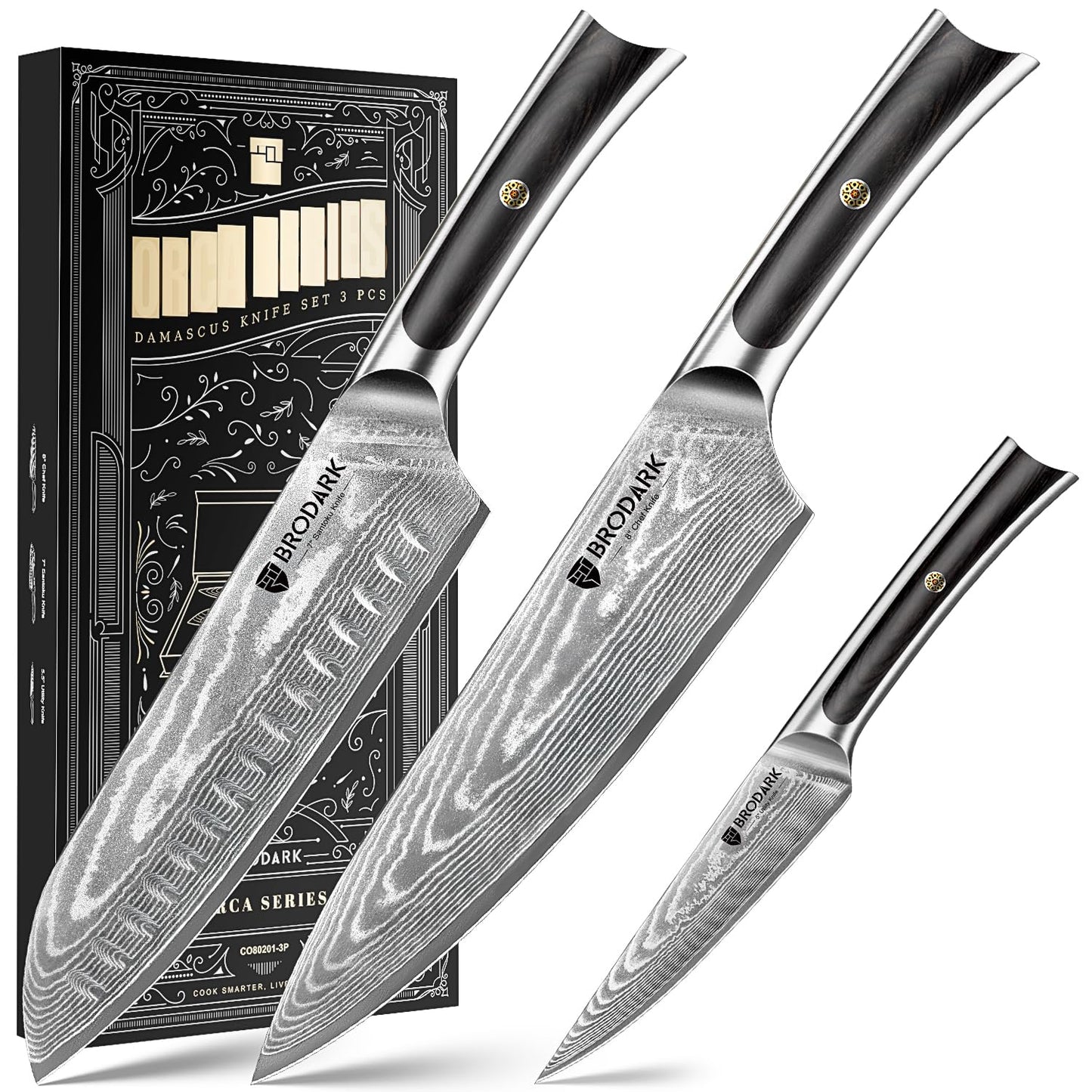 BRODARK Damascus Chef Knife 3 PCS, VG10 Steel Full Tang Sharp Professional Japanese Chef Knife Set for Kitchen, Ergonomic Pakkawood Handle Damascus Knife Set with Gift Box