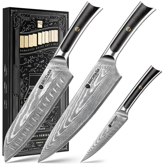 BRODARK Damascus Chef Knife 3 PCS, VG10 Steel Full Tang Sharp Professional Japanese Chef Knife Set for Kitchen, Ergonomic Pakkawood Handle Damascus Knife Set with Gift Box