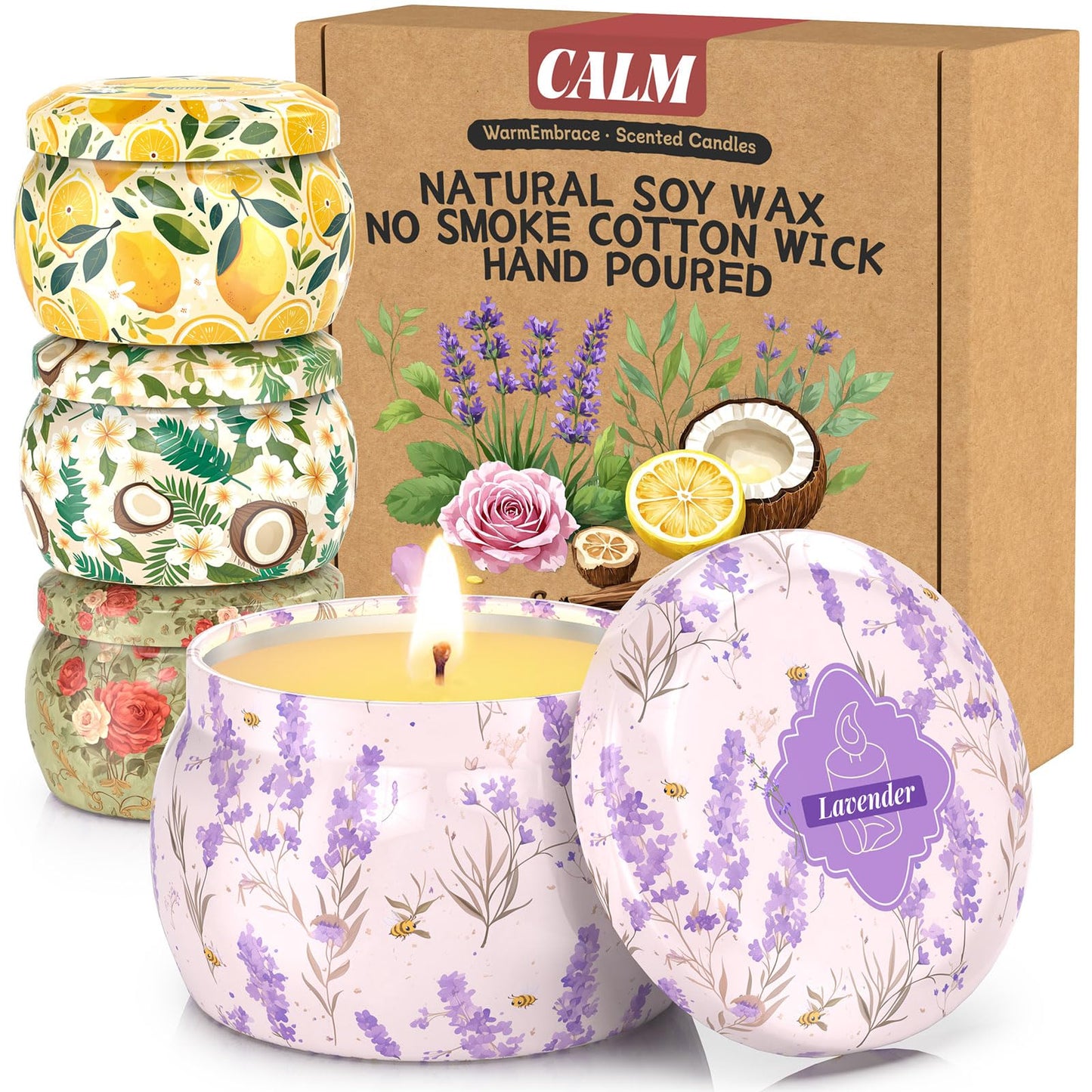 WarmEmbrace Scented Candles for Women, 4 Pack Soy Candle Set, 4.4OZ Candles for Home Scented, Candle Gift Set for Women, Lavender/Coconut and Christmas Holiday Candles, Valentines Day Gifts