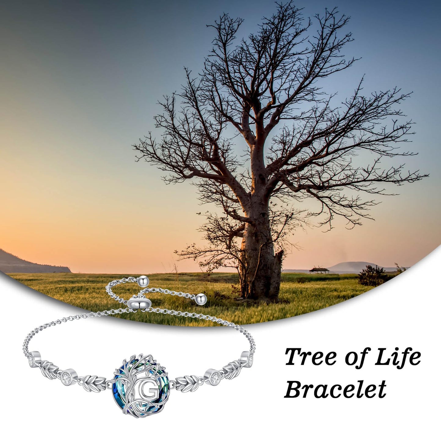 TOUPOP Tree of Life Initial Bracelet Sterling Silver Initials G Letter Link Bracelets Blue Circle Crystal Family Tree Birthday Mothers Day Jewelry Gifts for Women Mom Wife