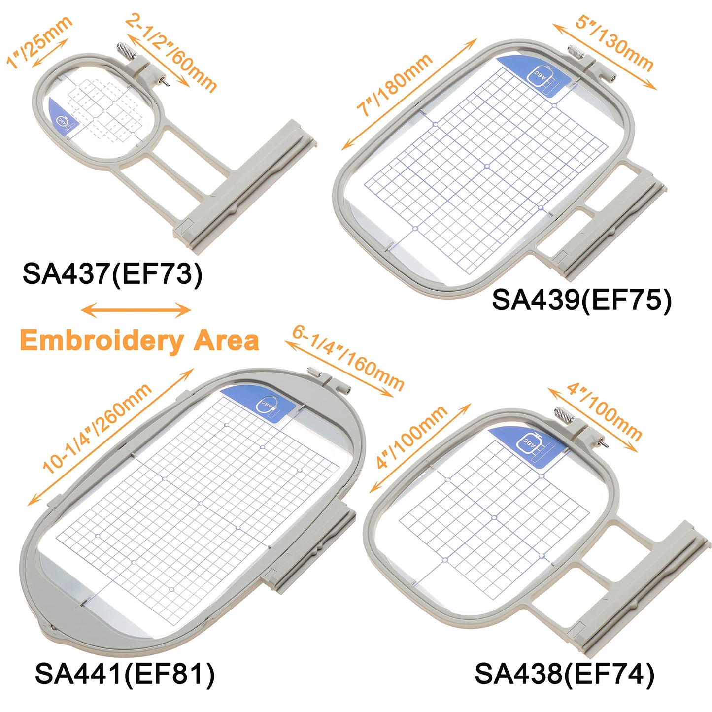 New brothread Embroidery Machine Hoop 4 in 1 Set (SA437+SA438+SA439+SA441) Compatible with Brother Innovis NQ3600D/3500D NQ1700E/1600E/1400E VE2200 4000D 1500D V7 V5 V3 BabyLock Ellegante/Aventura