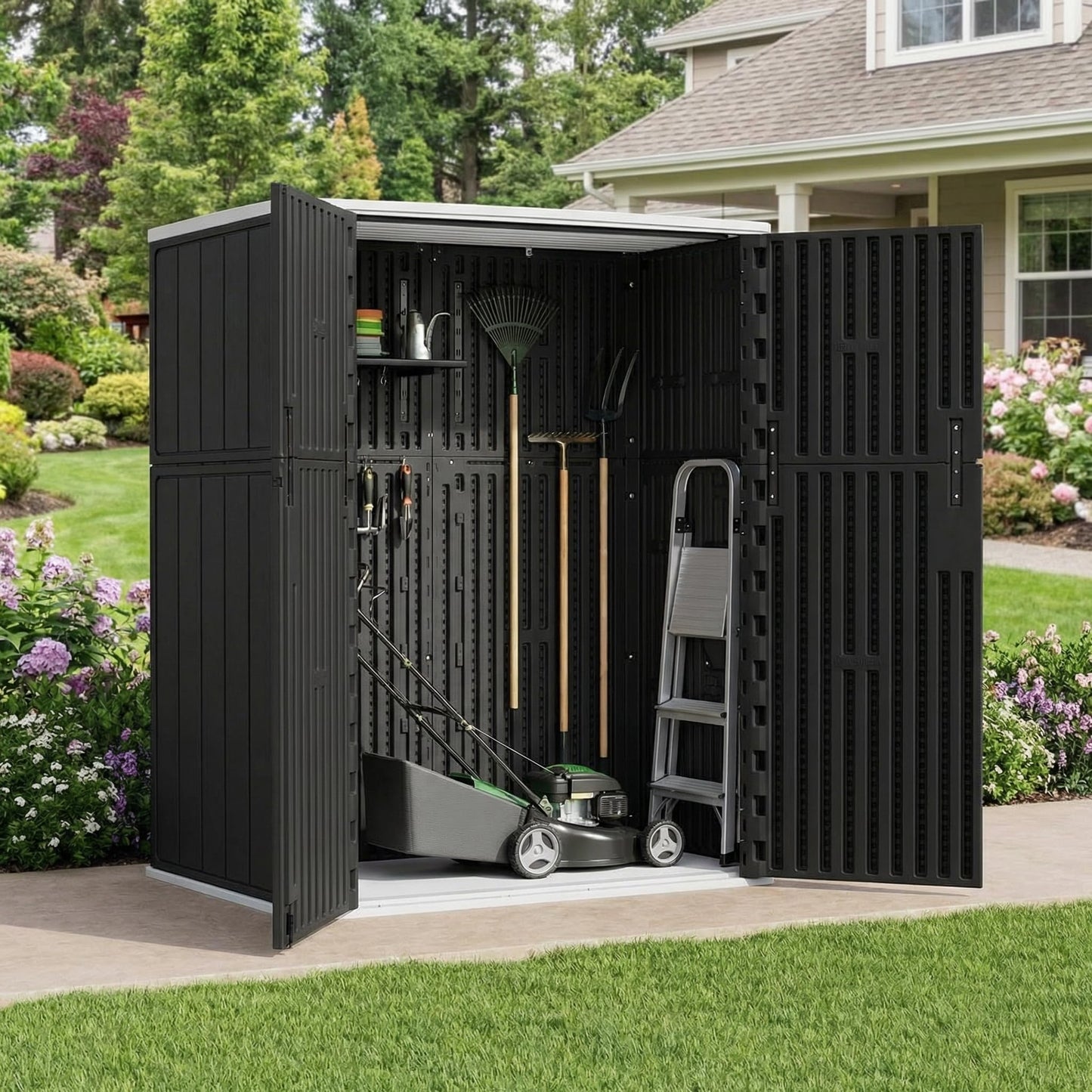 Outdoor Storage Shed 57 Cu.ft Weatherproof Resin Storage Cabinet with Floor, Lockable Vertical Shed for Garden Tools, Lawn Mower, Pool Equipment & Organization – Shelves Not Included