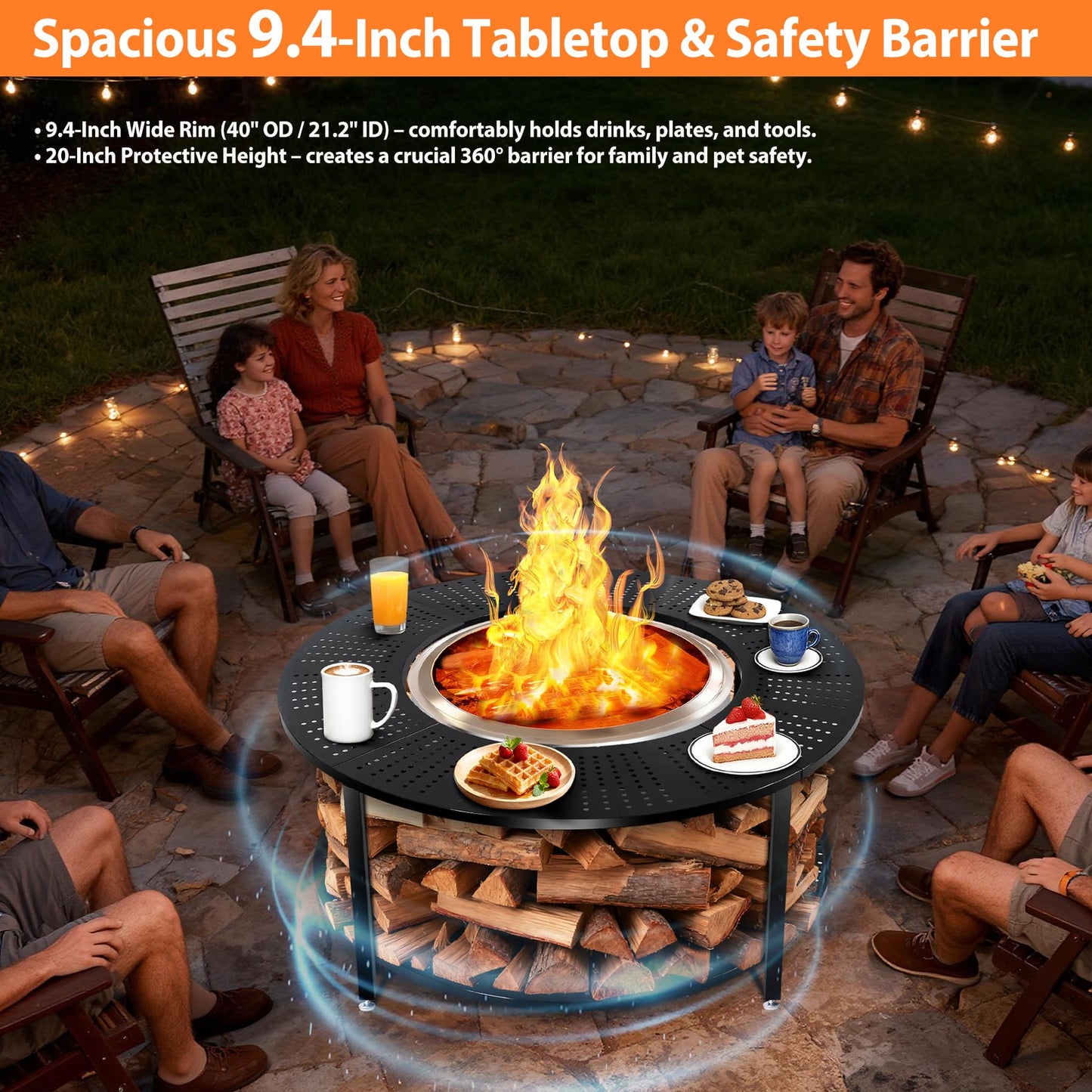 Chintooler 40 Inch Compact Fire Pit Surround Tabletop for Solo Stove Ranger & Tiki 20, Outdoor Patio Stand with Firewood Storage Shelf, Heavy Duty Steel, 200LB Capacity