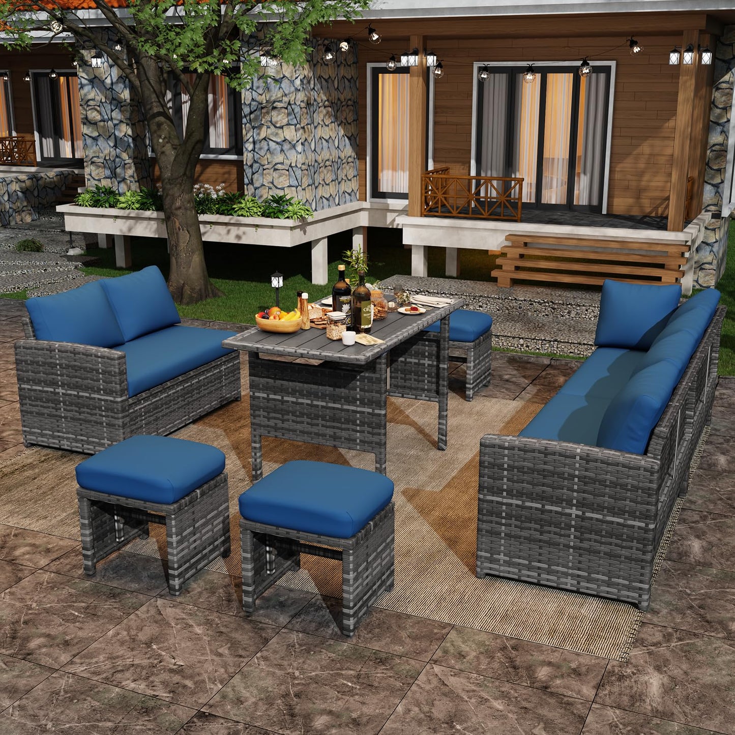 U-MAX 7 Pieces Patio Furniture Set with Waterproof Cover, Outdoor Sectional Sofa Conversation Set, All Weather Wicker Rattan Dining Table & Chair with Ottoman, Grey Rattan&Dark Blue Cushion