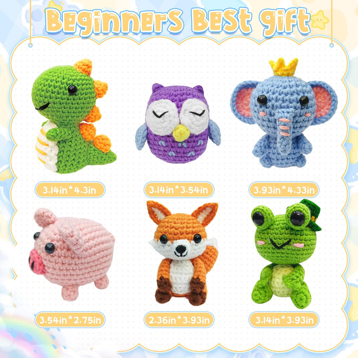YHOYUJIA 6Pcs Crochet Kit for Beginners, 2026 DIY Craft for Adults, Great Gift for Crochet Lovers, Crocheting Animal Kits with Step by Step Videos,Yarn,Crochet Hook,Birthday Holiday Gift
