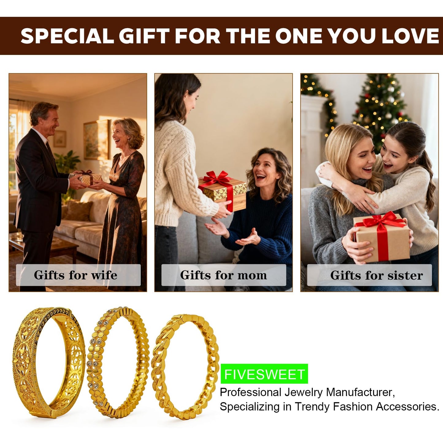 FIVESWEET 18K Gold Plated Women's Bangle Bracelet Set - Stackable Bulk Bracelets with Chain、Diamond-Circle、Hollow-Carved Designs, Minimalist Stylish Elegant, Tarnish & Oxidation Resistant, Gift for Her Girlfriend Wife Mom Sister Lover on Birthday Christ
