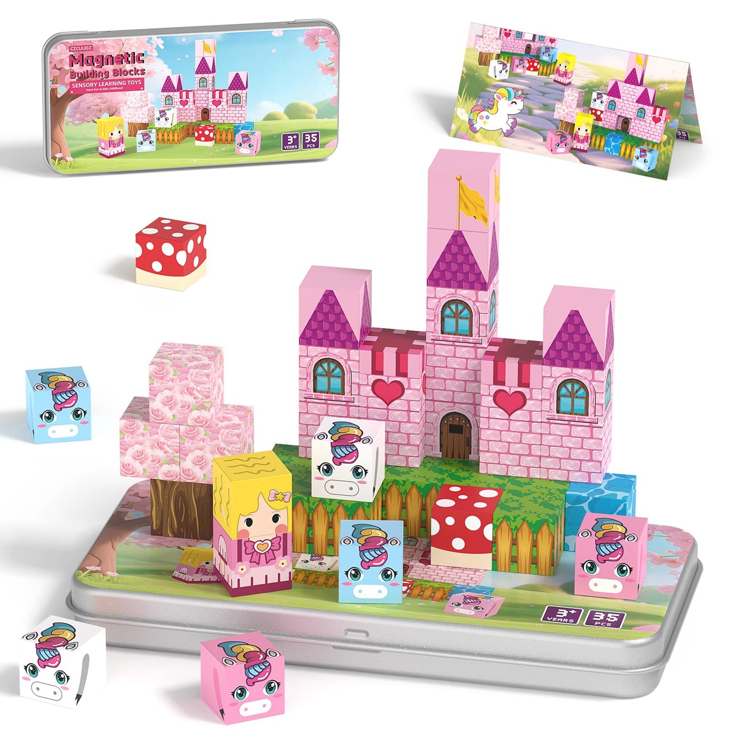 CZCUUDZ Mini Magnetic Blocks, Magnetic Blocks Travel with Portable Iron Storage Box, 35PCS Magnet Building Blocks for Toddlers, STEM Educational Magnet Toys for Ages 3 4 5 6 7 8 Boys Girls, Unicorn
