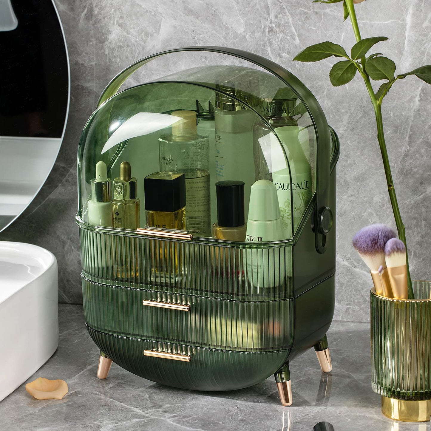 CANITORON Makeup Organizer,Large Capacity Skincare Organizer for Vanity,Cosmetic Organizer with 2 Drawers and Makeup Brush Holder for Bedroom Countertop and Bathroom Countertop Storage.(LGreen)