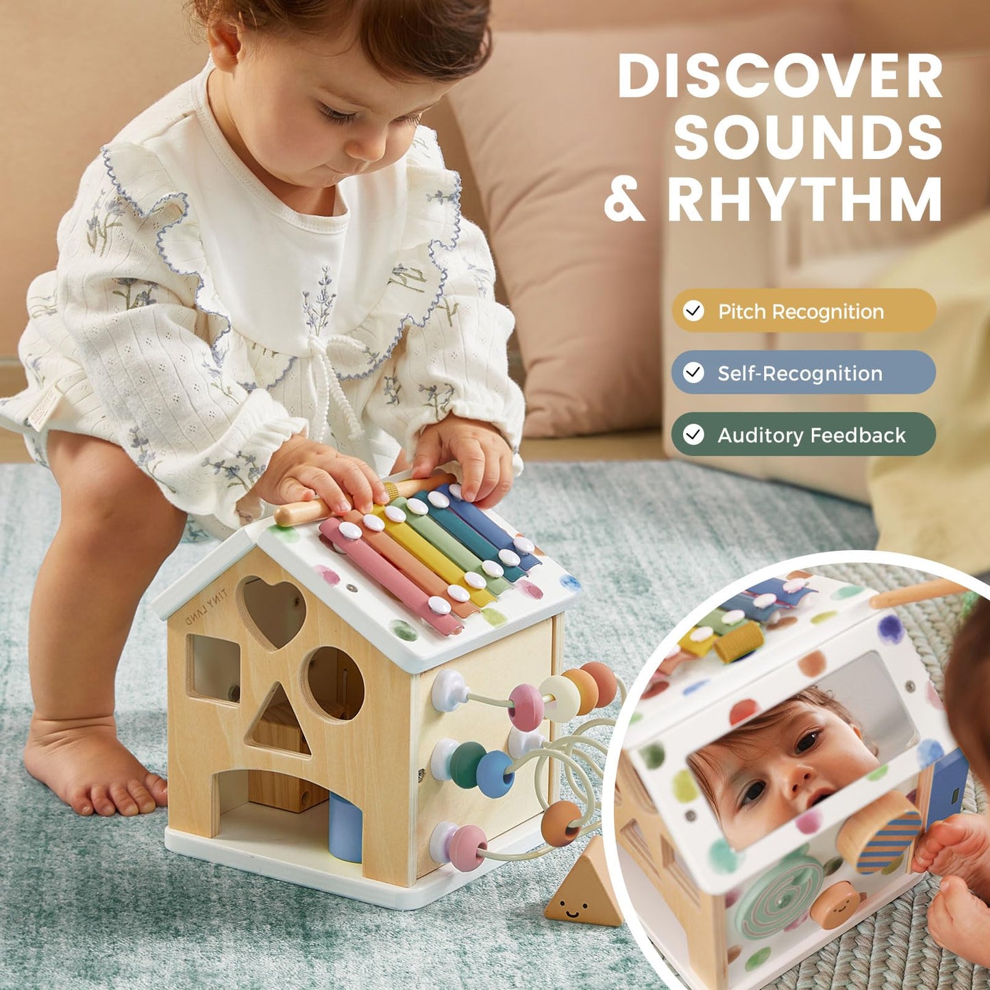 Tiny Land 9-in-1 Wooden Activity Cube, Montessori Baby Activity Center for 1+ Year Old, Educational Toy for Toddlers, Ideal Gift for Boys and Girls (Morandi)