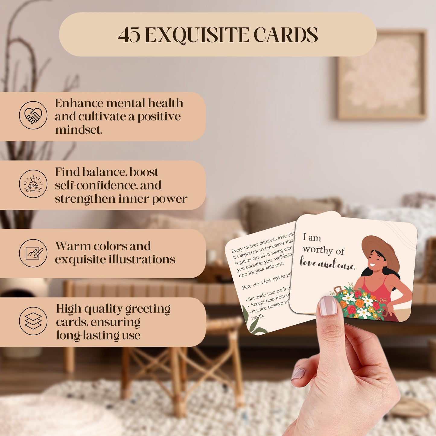 45 PCS New Mom Affirmation Cards for Postpartum - Mothers Day Gifts - New Mom Essentials Gifts with Empowering Messages - Postpartum Affirmation Cards with Wooden Stand & Metal Box for Mothers Day