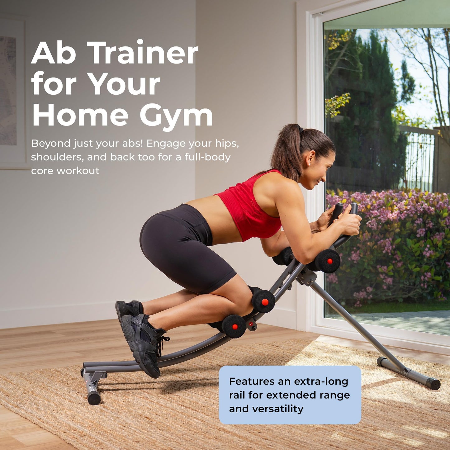 Sunny Health & Fitness Adjustable Waist Trainer Ab Roller with Elbow Support, Foldable Core Glider with Smooth Glide Wheels for Home Fitness, Crunches, and Glute Strengthening - SF-A022005