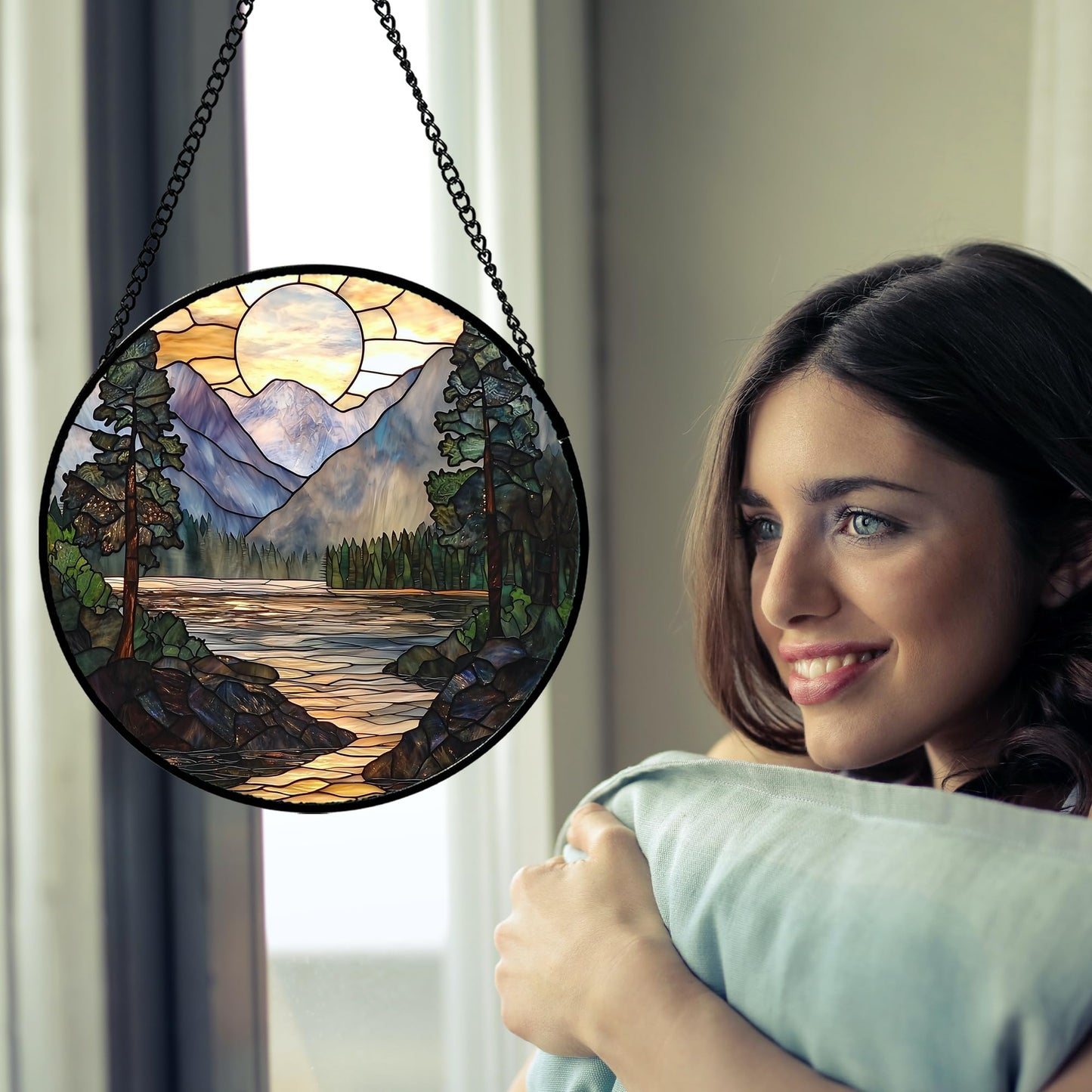 AMDERVEN Stained Glass Window Hanging, Sunset Mountains Lake Tree Sun Catcher for Window Home Decor Landscape Suncatcher Mother's Day Birthday Gifts for Women Men Mom and Nana 6.3 in