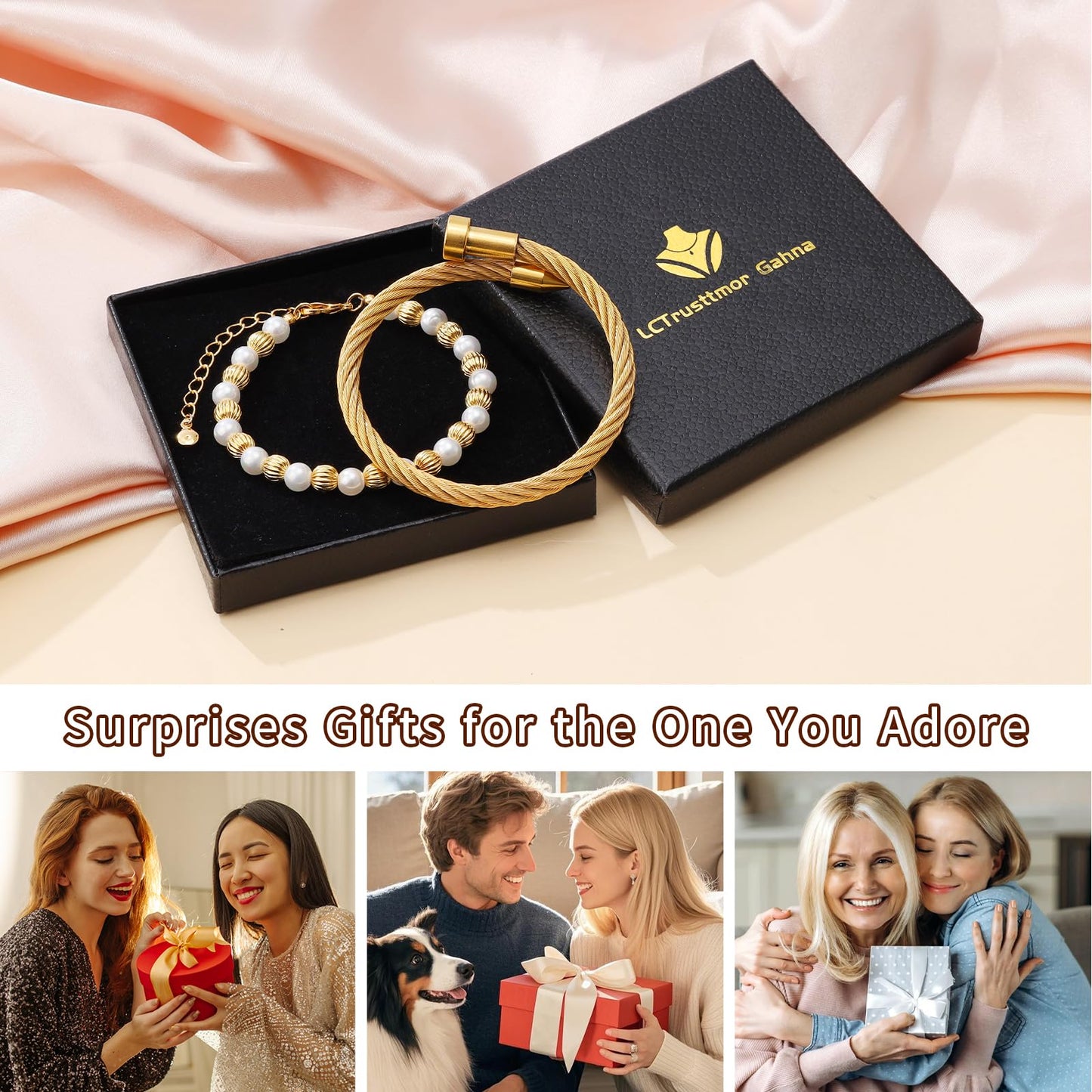 LCTrusttmor Gahna 18K Gold Plated Bangle Bracelet for Women, Non-Tarnish Stackable Nail Bracelets Set With Beaded, Dainty Adjustable Cubic Zirconia Snake Chain With Pearl Crystal Beaded, Trendy Jewelry Mother's Day Birthday Gifts for Lover Mom Her