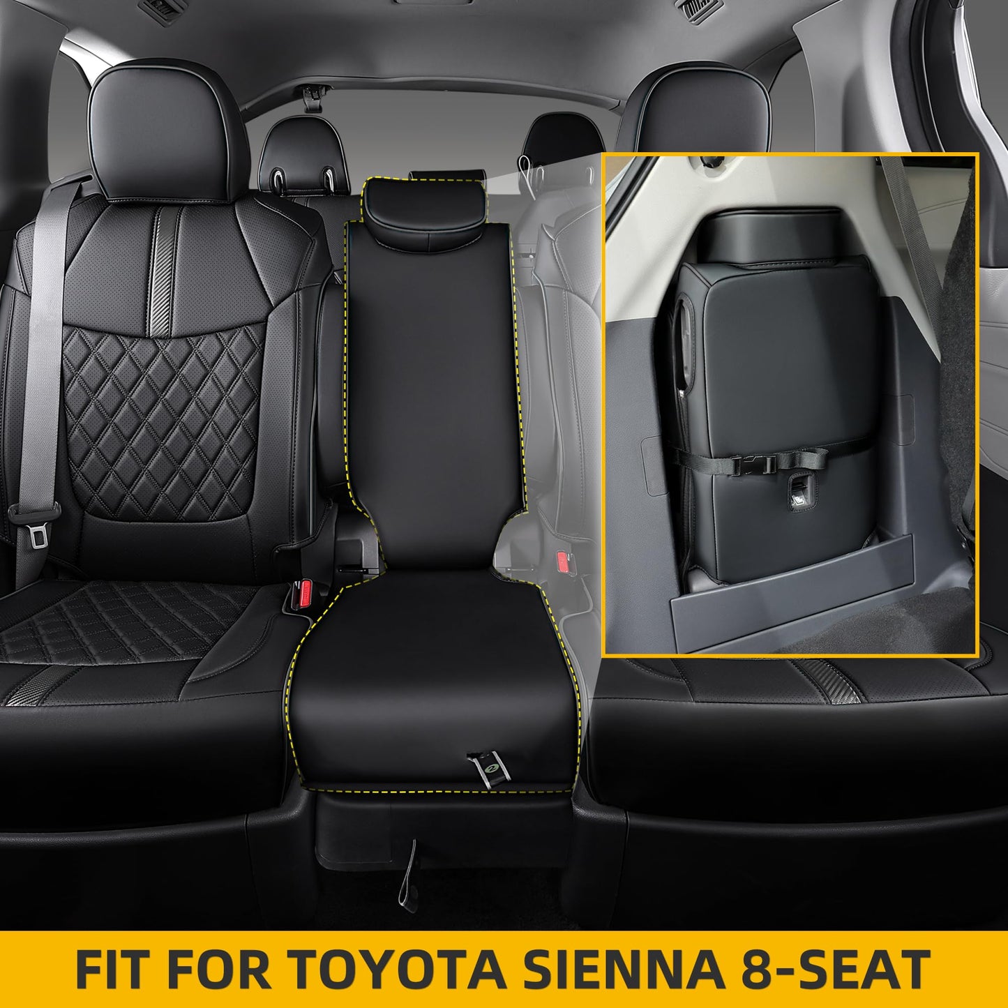 OURPLOT Custom Fit Sienna Seat Covers for 2021-2026 Toyota Sienna LE XLE 8-Passenger, Waterproof Faux Leather Full Set Airbag Compatible 3-Row Car Seat Protectors (Black)