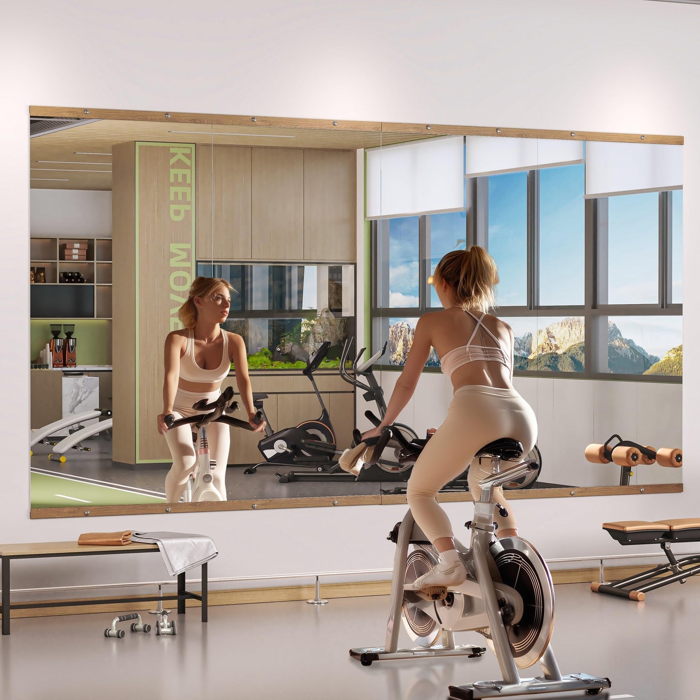 Hasipu 2Pcs 63''x28'' Home Gym Mirror Large Full Length Wall Mounted Full Body Mirror for Yoga Dance Fitness Exercise Studio Bedroom Garage, Frameless Tempered Glass Workout Mirrors Walnut Rectangular