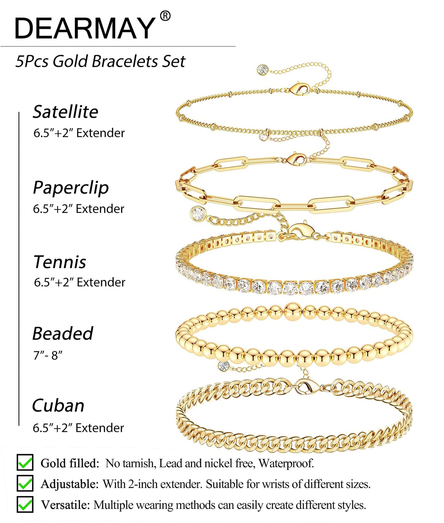 DEARMAY 14K Gold Plated Bracelets for Women Jewelry Sets for Women Trendy Dainty Stackable Paperclip Rope Snake Box Figaro Chain Bracelets Pack Costume Fashion