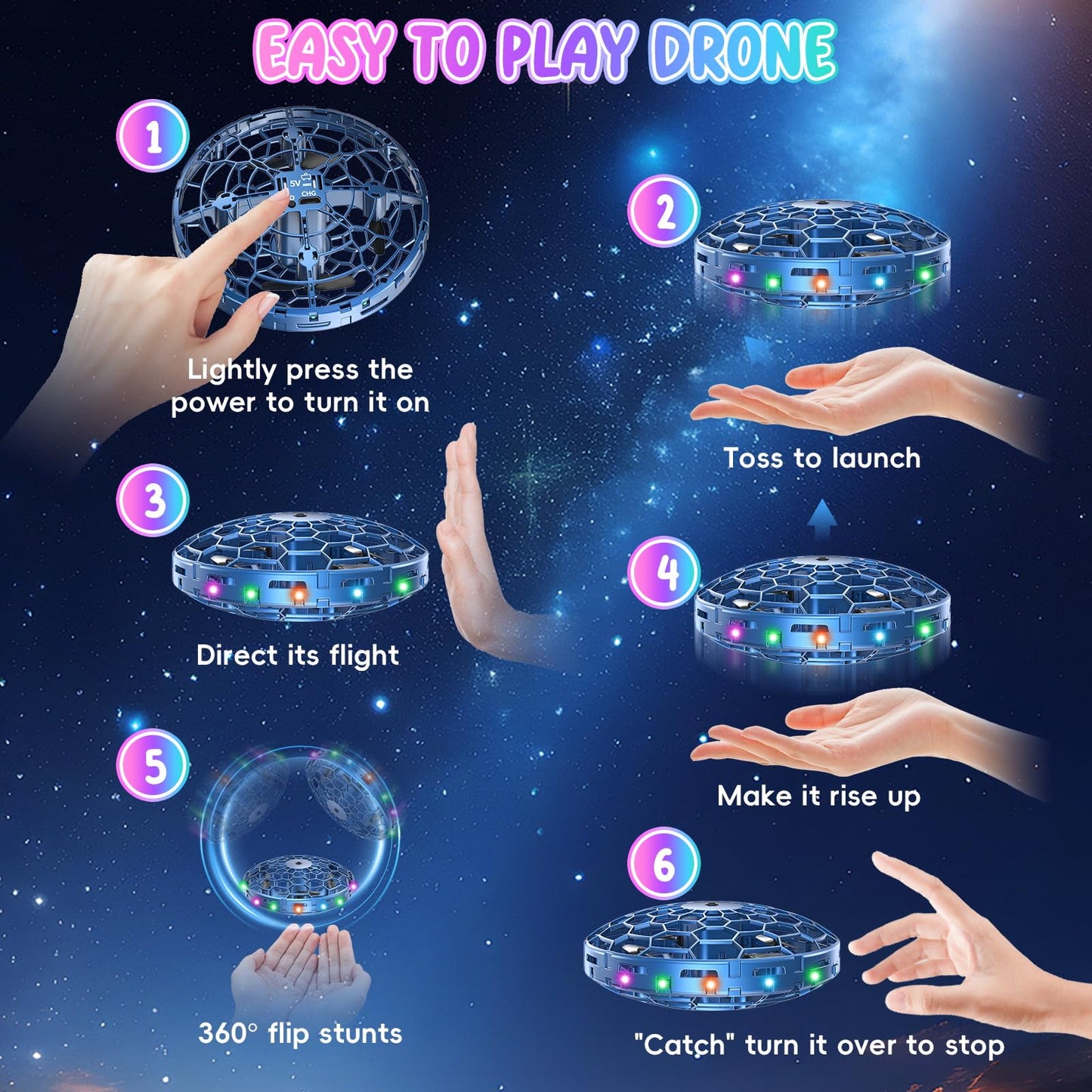 TSM005 Mini Drone for Kids,Hand Operated UFO Toy with LED, Easy Indoor Outdoor Flying Toys,Flying Orb Ball UFO Drone for Kids 6-8-12,Cool Christmas Birthday Gifts for Boys Girls(Blue and Purple)