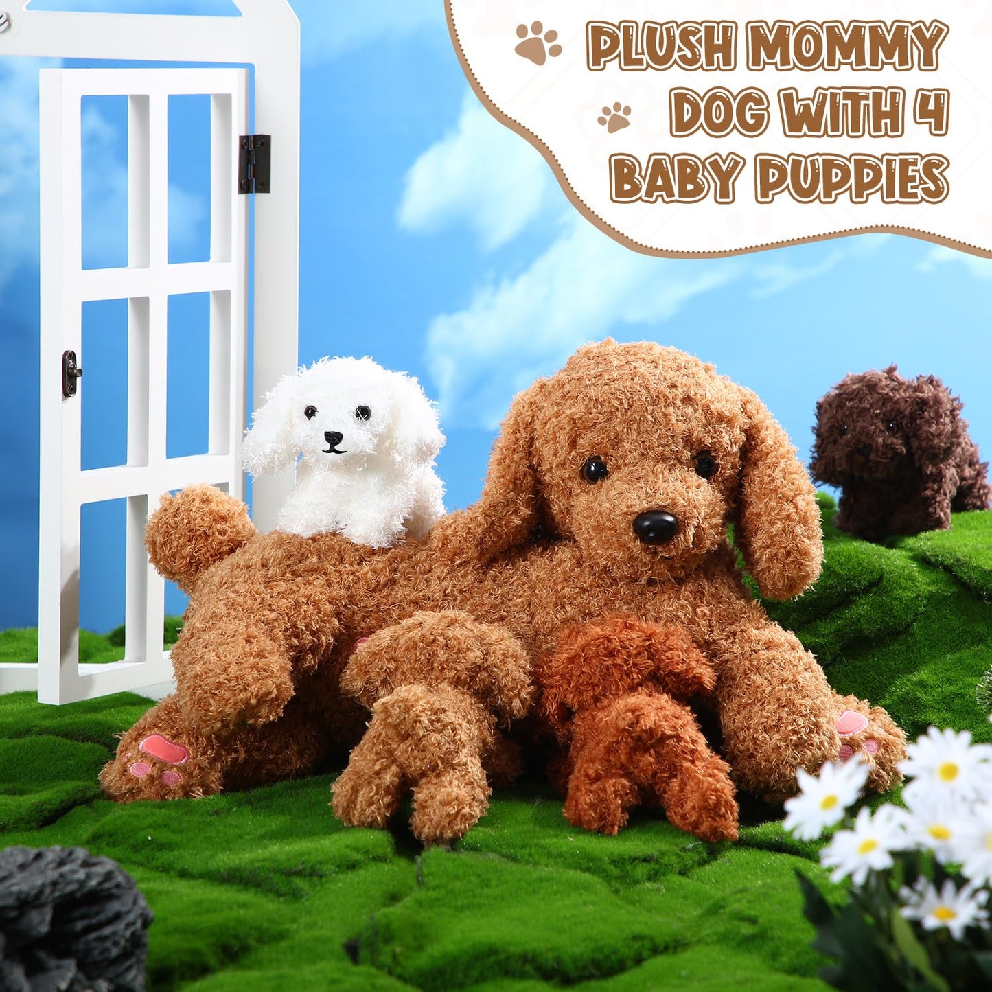 Honoson Nurturing Dog Mommy Plush Set with 4 Baby Puppies Soft Cute Dog Themed Stuffed Plush Toys for Kids Girls Boys Easter Birthday Gifts(Curly)