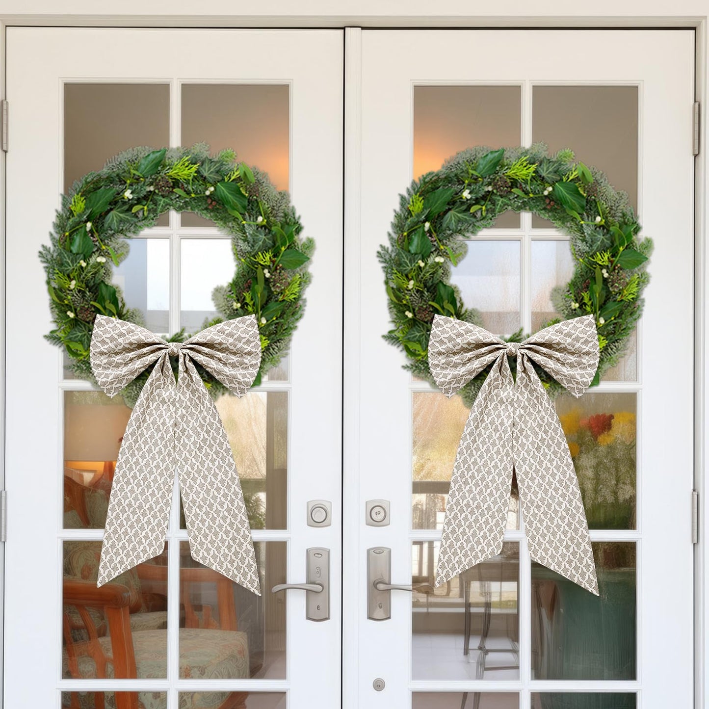 HunnmingRe 2 Pcs Driftwood Block Print Bow Wreath Sash 24 x 16 Inch Christmas Wreath Sash for Front Door Holiday Floral Burlap Bow Accessories for Doorway Indoor Outdoor Garland Home (Beige)