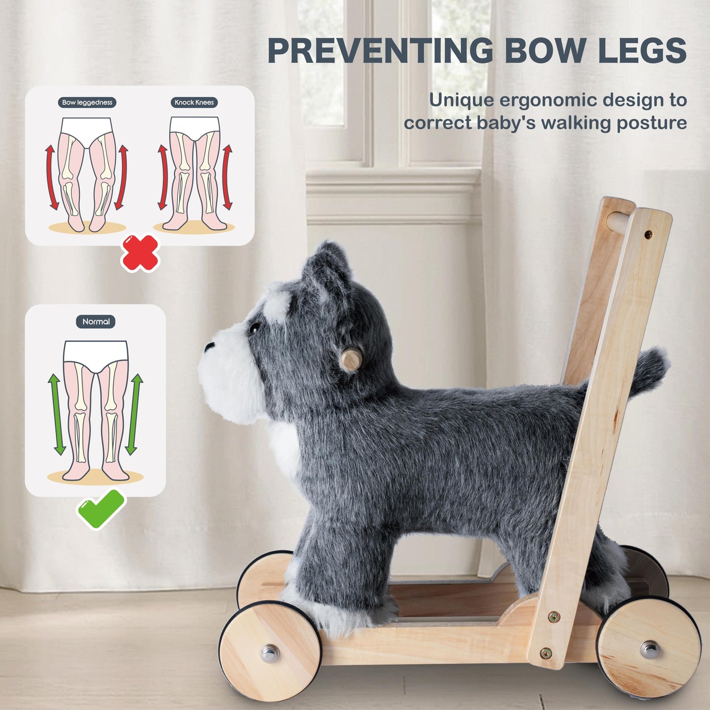 Rock My Baby Wooden Baby Walker, 2-in-1 Baby Push Walker & Ride On Toy for Toddlers 12M+, Learning to Walk Toy with Sweet Music, Soft Cuddly Dog Toy for Boys Girls (Schnauzer Dog) CPC Certified
