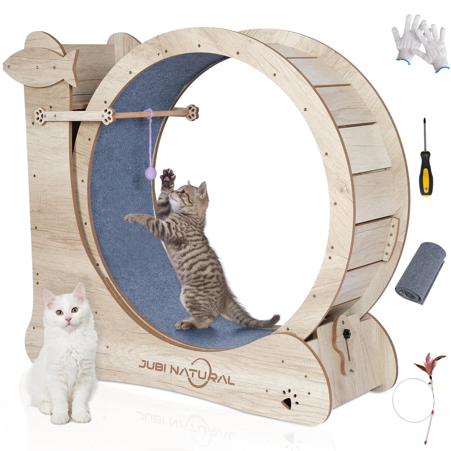 Cat Exercise Wheel, 43" Cat Running Wheels for Indoor Cats with with Locking Mechanism, Cats Treadmill Wheels with Scratching Board and Teaser Toy, Cat's Weight Loss and Health