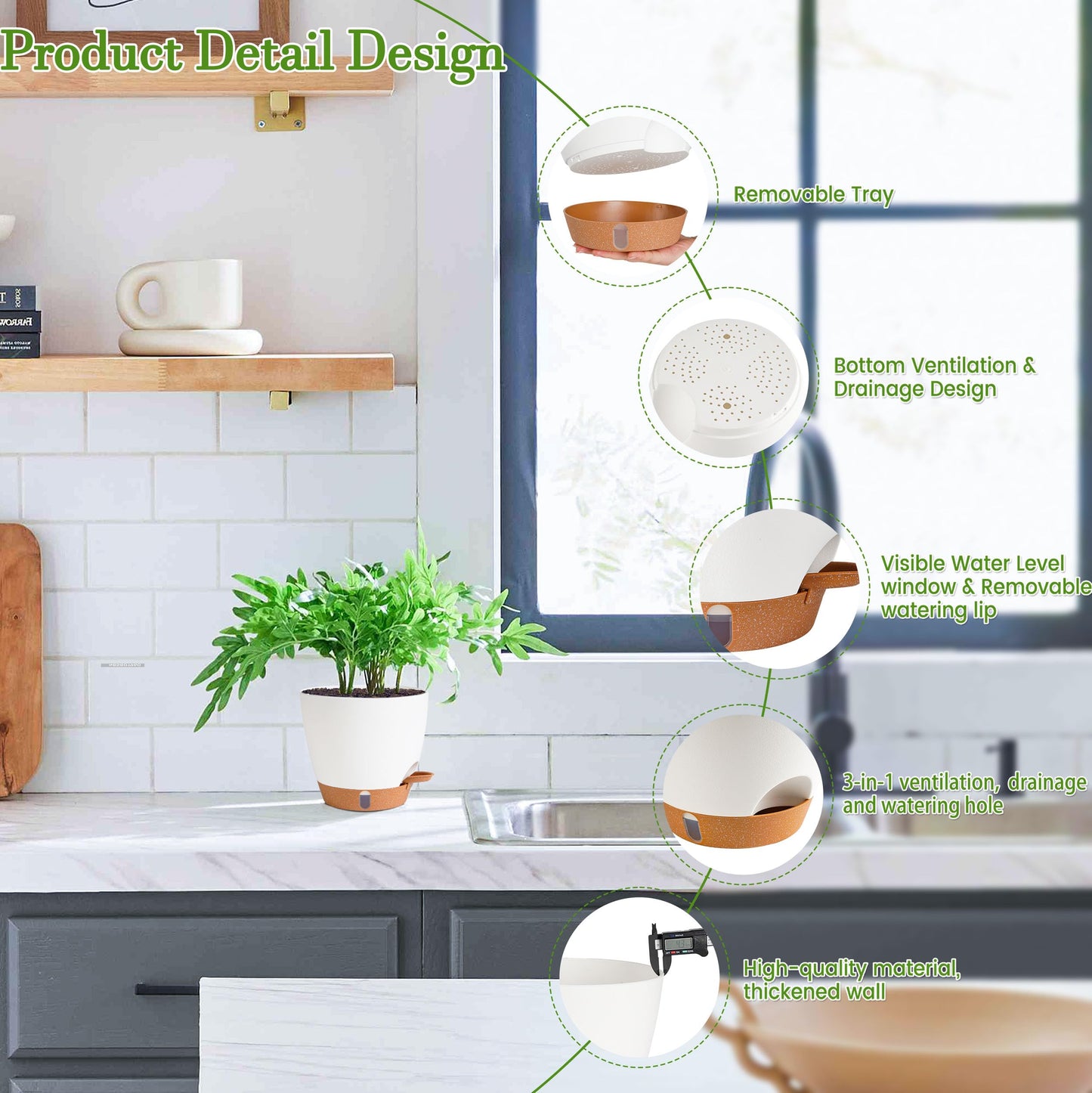 Fielda Self Watering Pots for Inoor Ourdoor Plants 10/9/8/7/6.5 Inch Plastic Planters with Drainage Holes & Water Level Indicator, Decorative House Flower Nursery Planting Pots with Saucers ((White)
