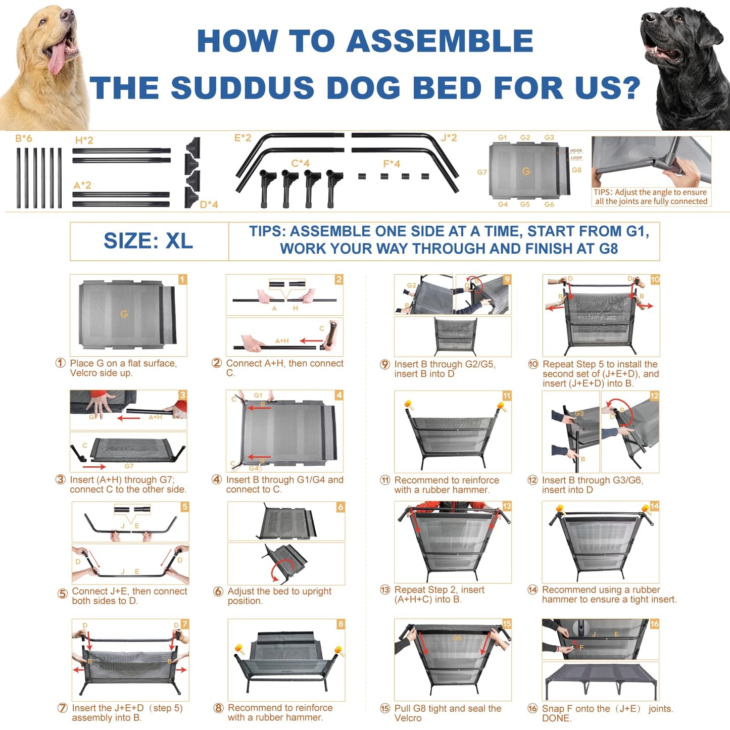Suddus Elevated Dog Bed for Large Dogs 140lb, Breathable Cooling Raised Dog Cot with Dual Support Bars & Metal Frame, No-Slip Feet, Waterproof Pet Bed for Indoor/Outdoor, X-Large, 48 * 36 * 9in, Grey