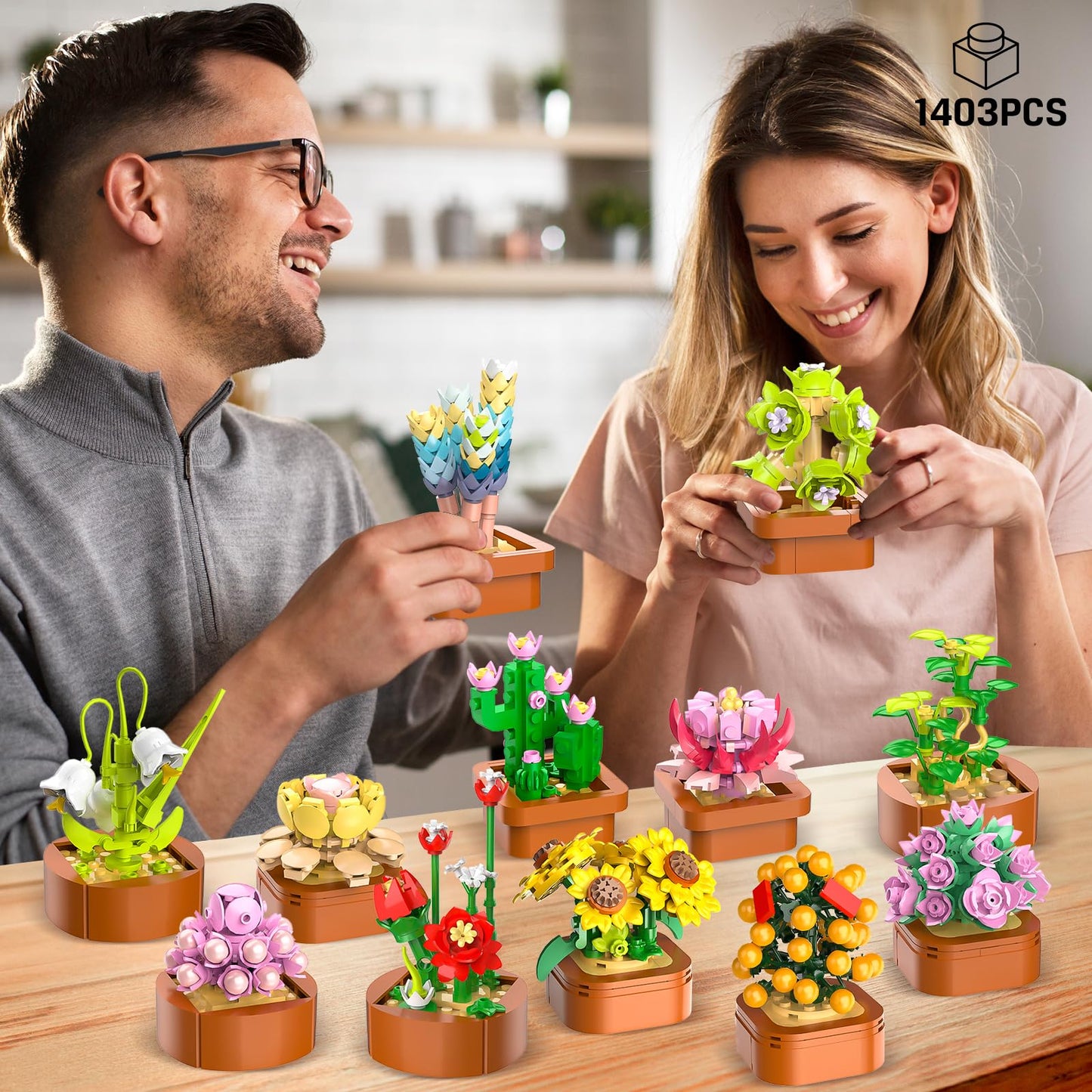CUBIMANA 12 Pack Flowers Succulents Mini Building Set - 1403PCS Flower Botanical Collection for Home Office Décor 3.6MM Plant Blocks Toy, Easter Birthday Gifts for Adults Women Kids Girls10+