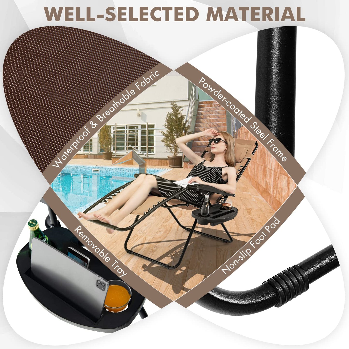 Giantex Zero Gravity Reclining Chair, Outdoor Patio Recliner with Cup Holder & Removable Pillow, Adjustable Backrest, Indoor Lounge Chair for Backyard, Garden, Poolside (Brown)
