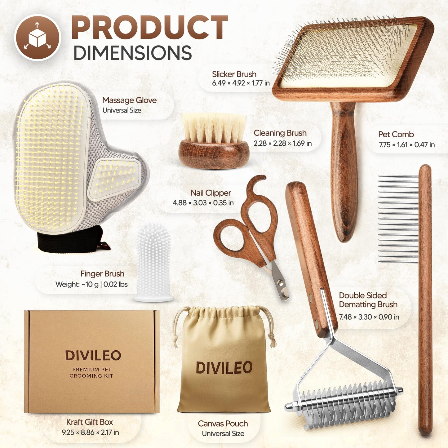 DIVILEO Premium Waterproof Pet Grooming Kit for Dogs & Cats – Wooden Handle Slicker Brush, Deshedding Comb & Nail Clipper – Professional Dog Grooming Supplies Set with Canvas Pouch | USA Brand