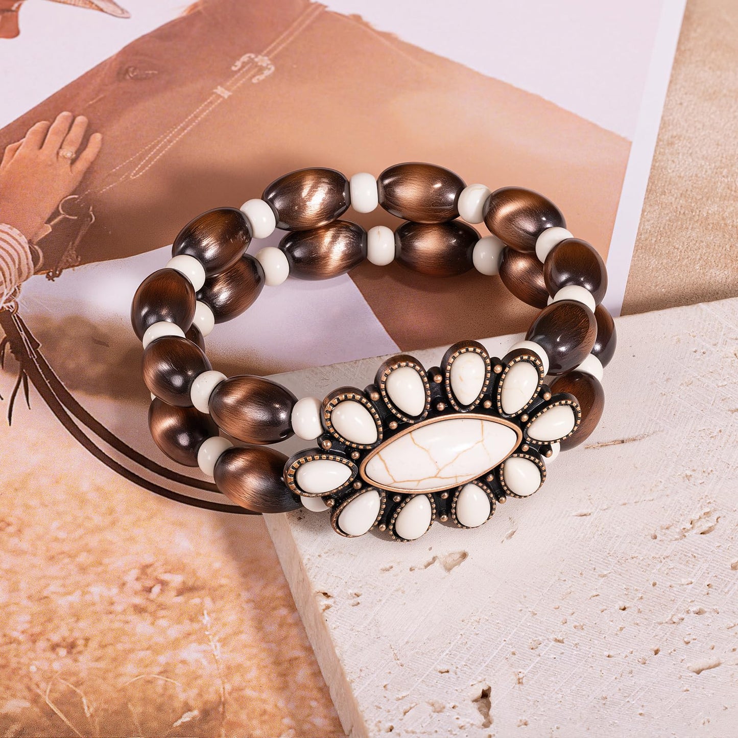 Montana West Rustic Couture's Jewelry Western Navajo Beaded Turquoise Cuff Bangle Bracelets Bohemian Vintage Elastic Bracelet for Women Cowgirl RCW-WH06WT