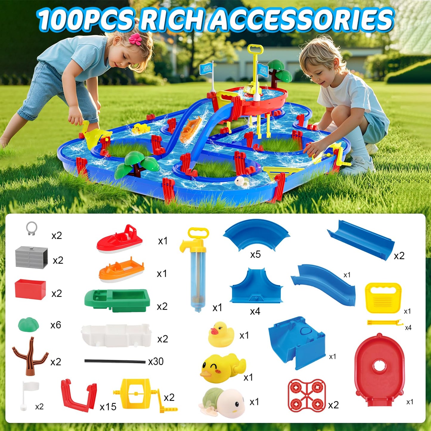 TERRAMUS Double-Tier Kids Water Table Toys, 100PCS Water Park Playset with Pump, DIY Toddler Waterways, Summer Outdoor Toys for Backyard,Lawn,Beach,Pool, Outside Activity Funs for Boys Girls 4-8 3-5