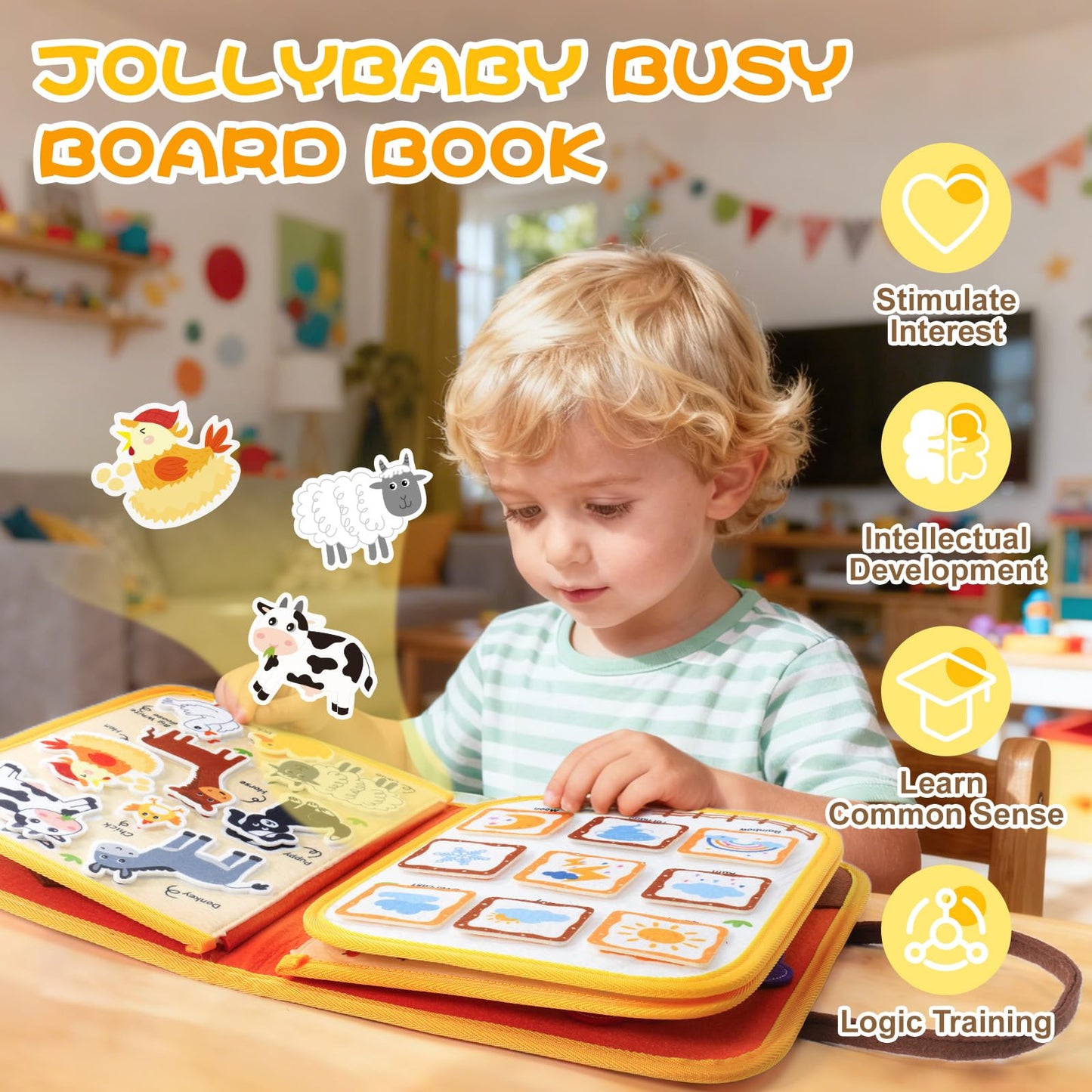 Jollybaby Montessori Activity Busy Book for Toddlers, Preschool Educational Learning Busy Board for 3 Year Old, Felt Quiet Book Birthday Gift - Farm
