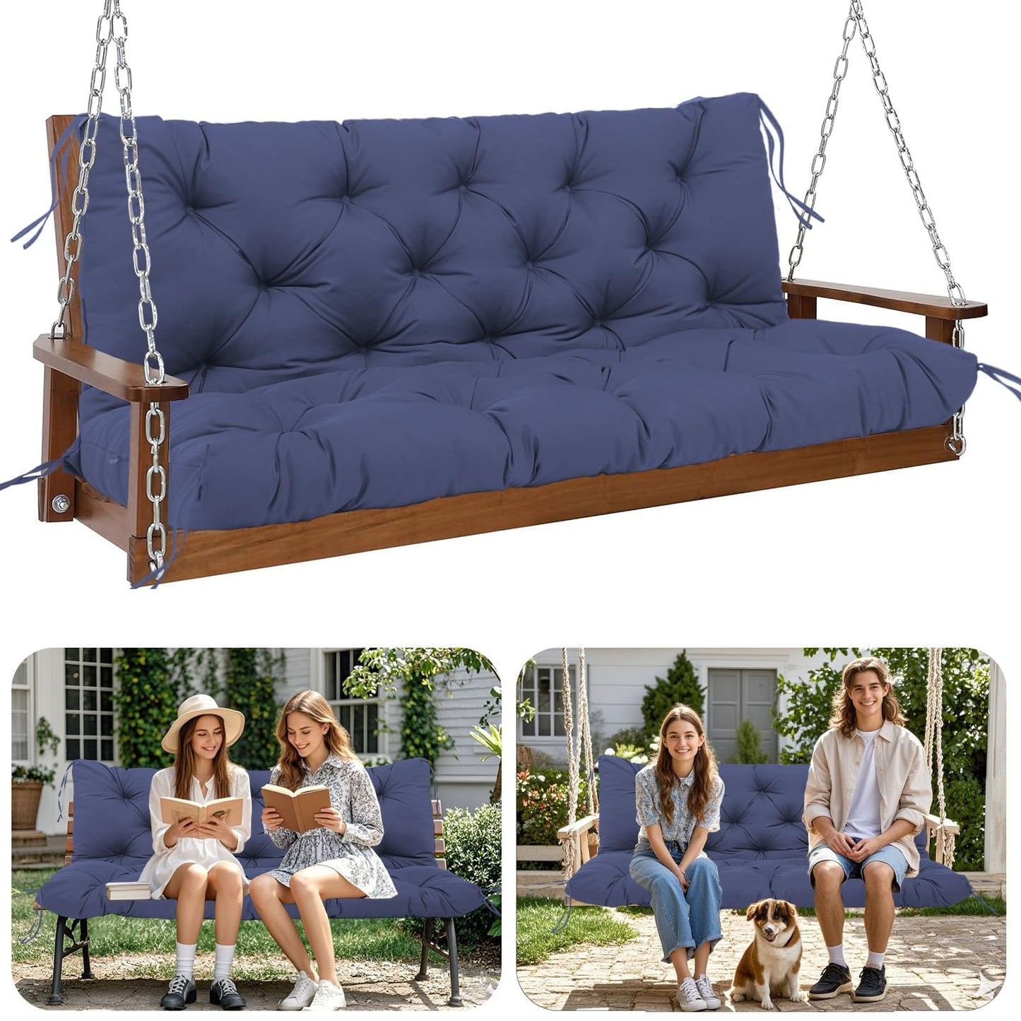 HZMGPCM Extra Thick 5" Waterproof Porch Swing Cushions Outdoor 60 inch Swing Cushions 3 Seater Replacement with Backrest and Ties for Outdoor Furniture Patio Bench Garden(Navy Blue)
