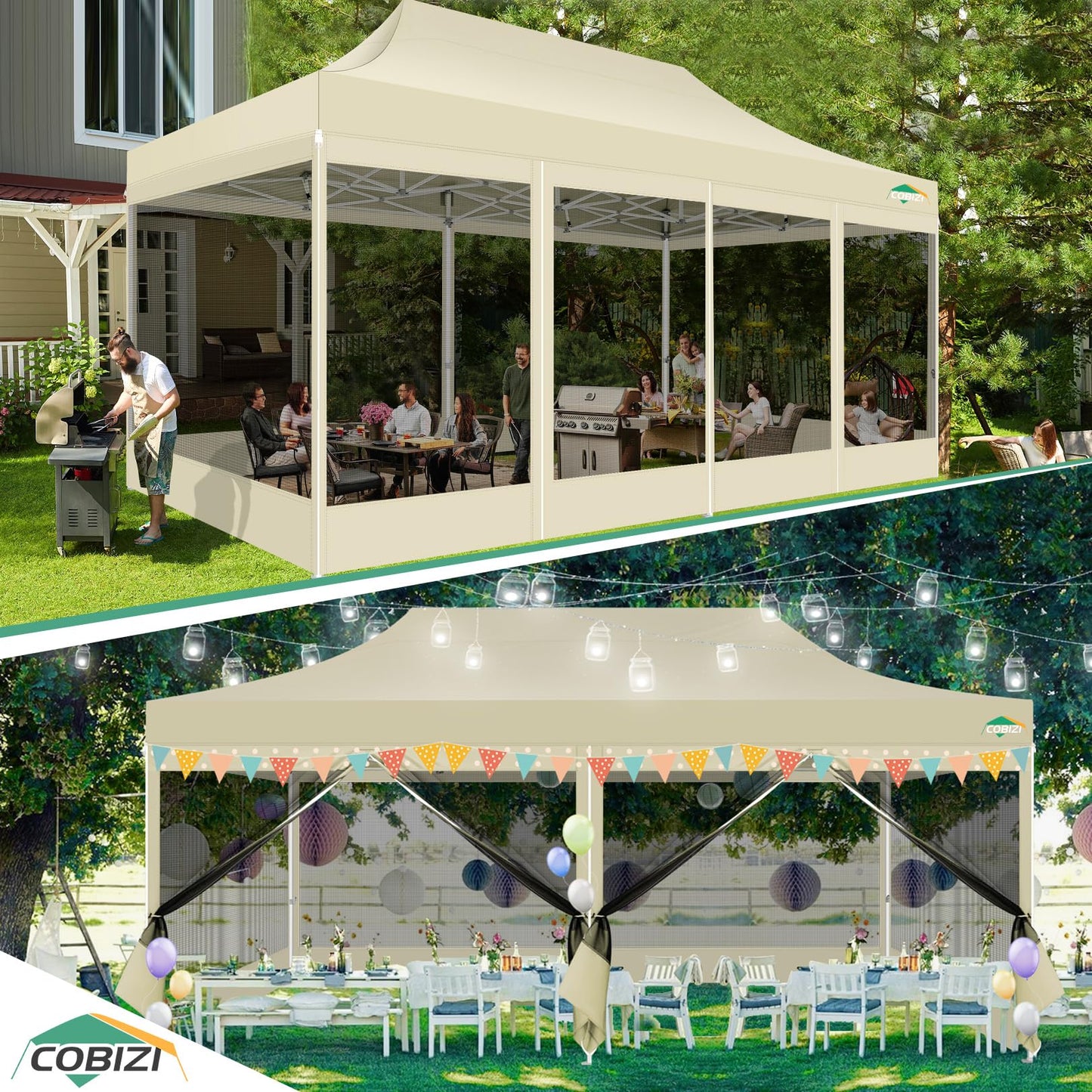 COBIZI 10x20 Canopy Tent with 6 Sidewalls,Heavy Duty Pop up Canopy with Mosquito Netting,Easy up Screen Tent for Parties Wedding Outdoor Patio with Roller Bag,Khaki