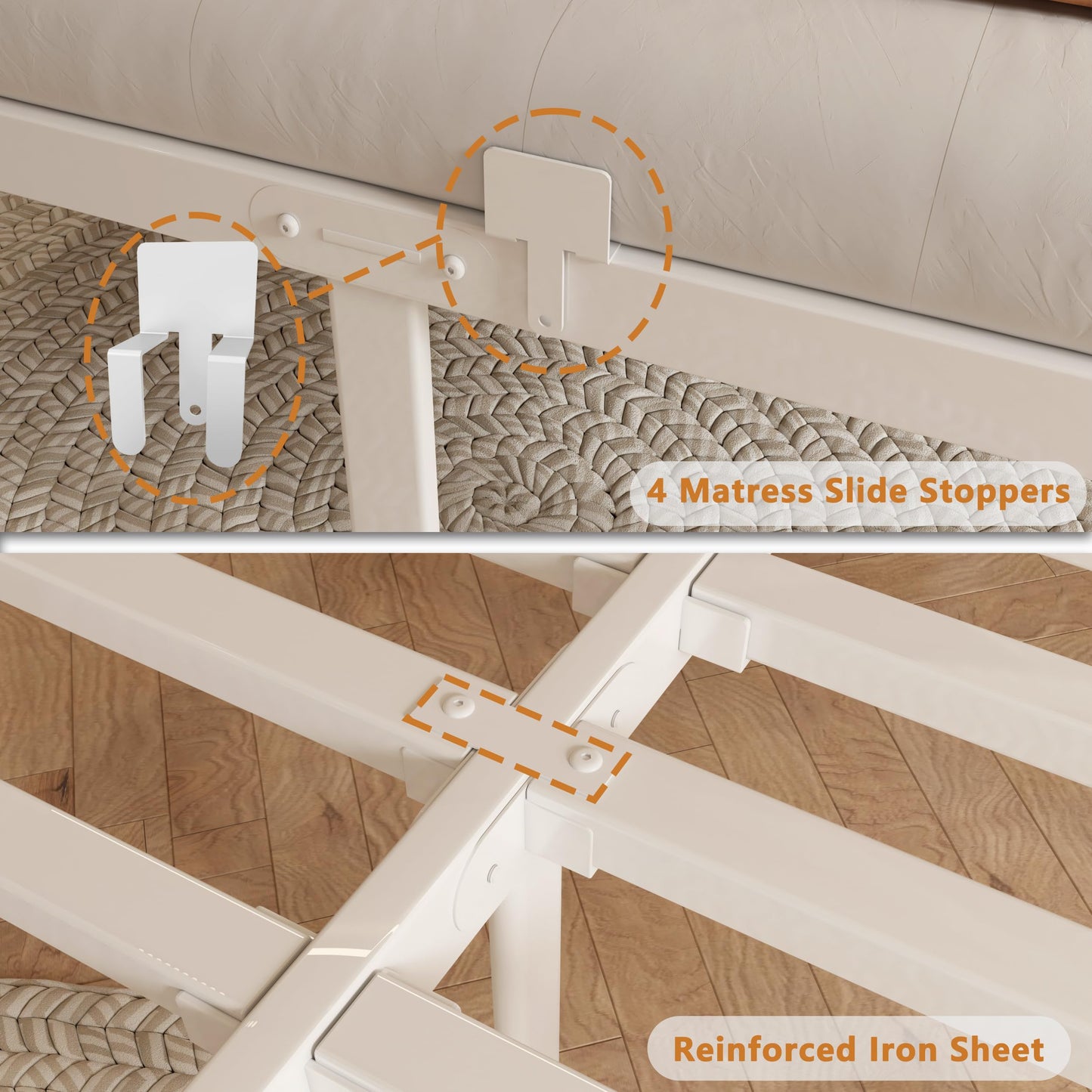 HQU 12 Inch Queen Bed Frame No Box Spring Needed, Platform Bed Frame with Metal Gaskets, Heavy Duty Steel Slat Support, Anti-Slip Mattress Stopper, Round Corner Leg, Easy Assembly, White