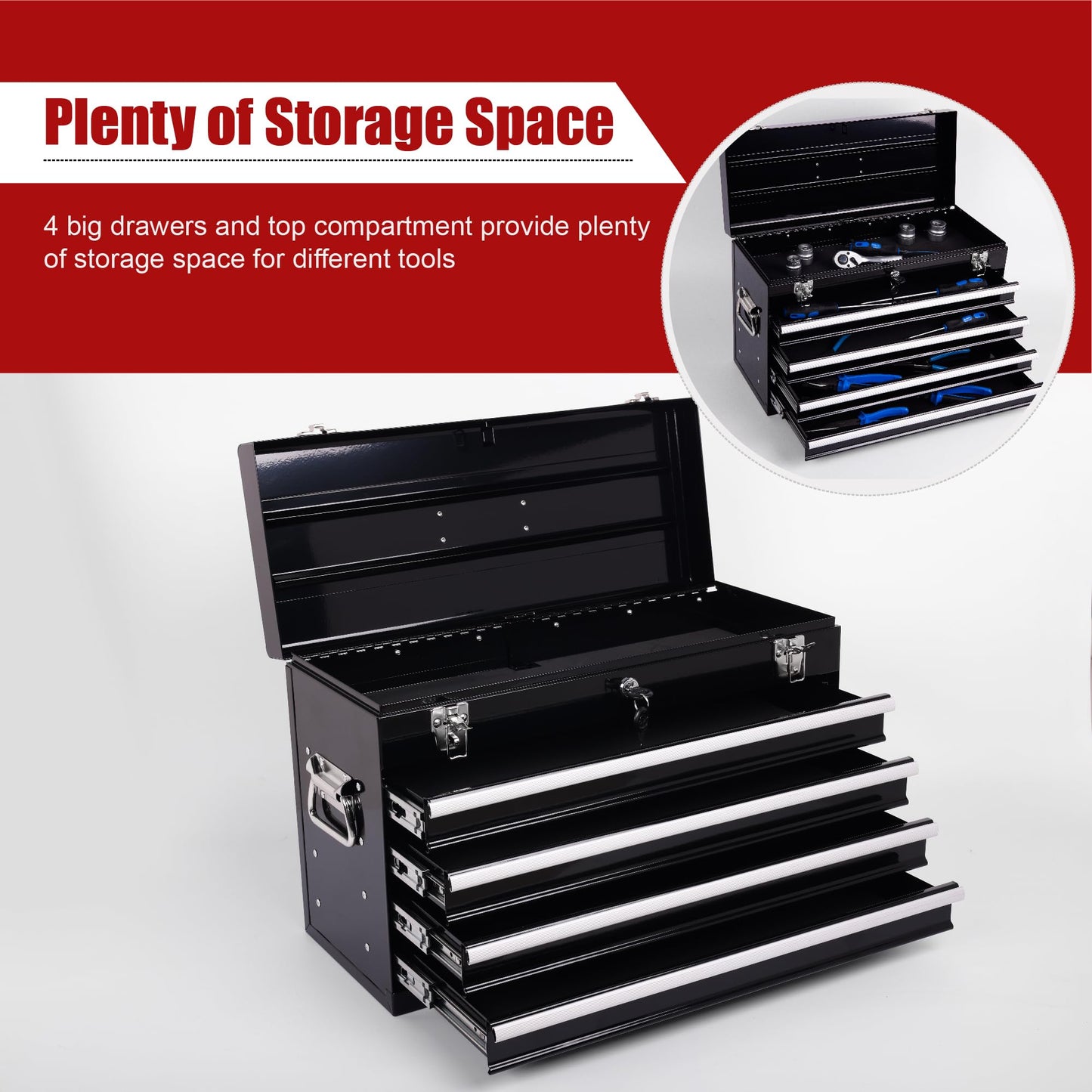 Heavy Duty 21 Inches Metal Tool Box with 4 Drawers - Portable Locking Tool Chest with Ball Bearing Slides, Powder Coated Steel & EVA Liners - Multi-Function Garage & Workshop Organizer (Black)