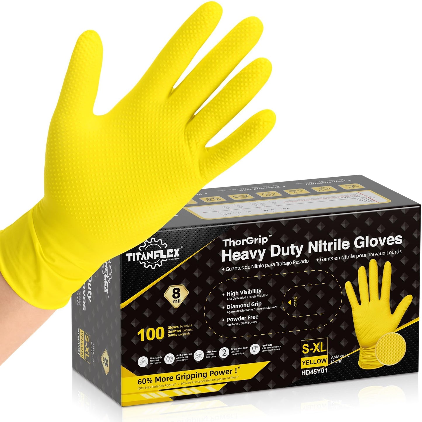 Titanflex Heavy Duty Nitrile Gloves Disposable, Industrial 8 Mil Thick Mechanic Glove Diamond Texture Grip for Food Prep, House Cleaning, Waterproof, Latex Free, Powder Free, Yellow, 100-ct Box(Small)