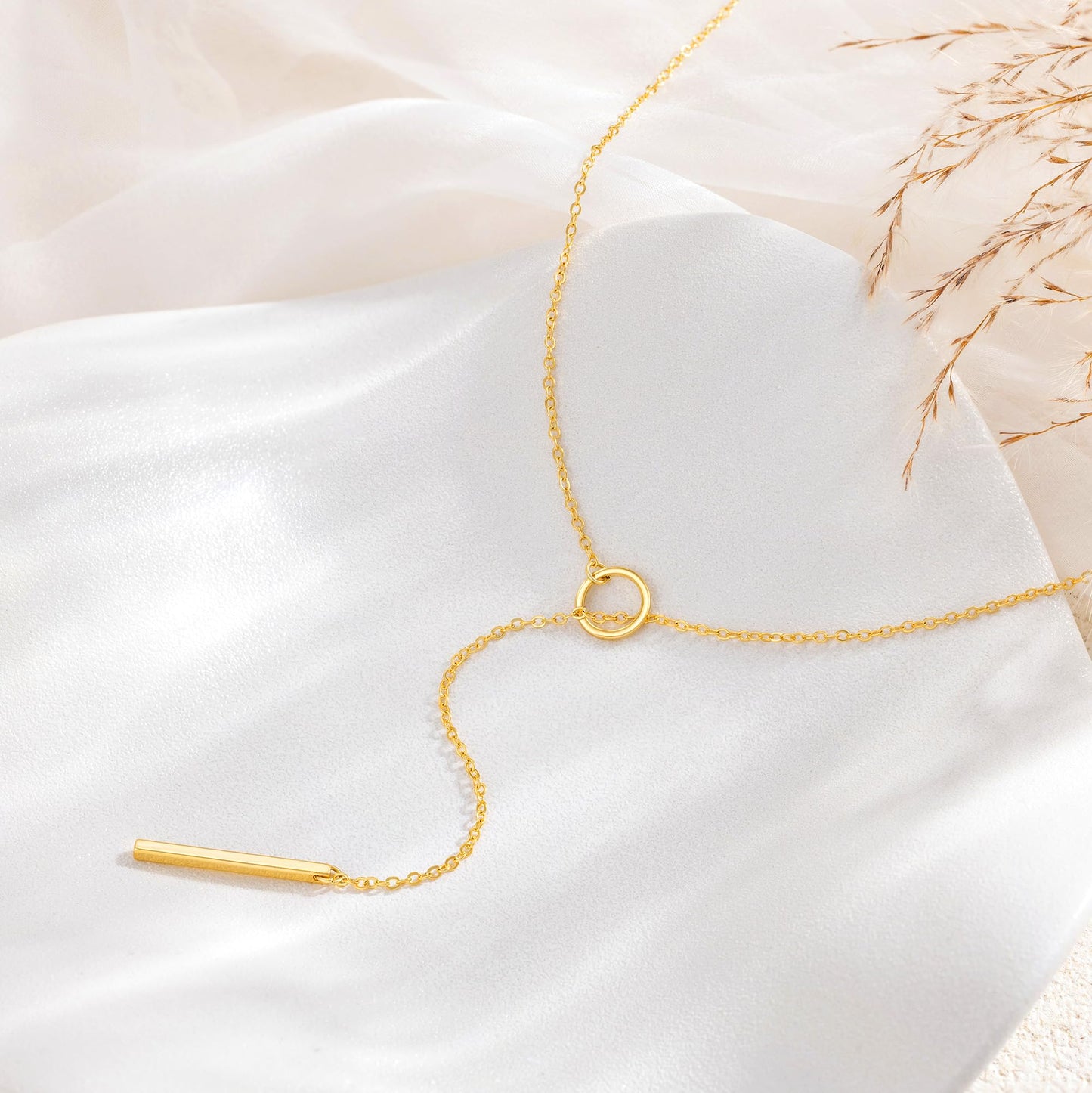 Tewiky Circle Bar Necklace for Women, Dainty Gold Lariat Necklace 14k Gold Drop Y Necklace Simple Gold Necklaces for Women Trendy Delicate Gold Necklaces Aesthetic Jewelry for Women