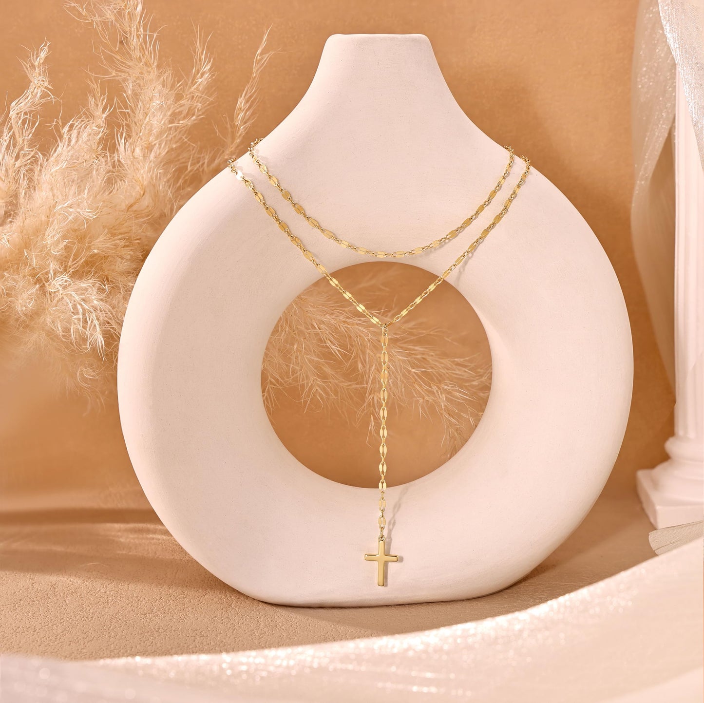 CHESKY 14K Gold Plated Cross Necklace for Women Trendy, Dainty Long Layered Necklace for Womens Non Tarnish Y-Shaped Lip Chain Pendant Necklace Sets Gold Jewelry Gifts