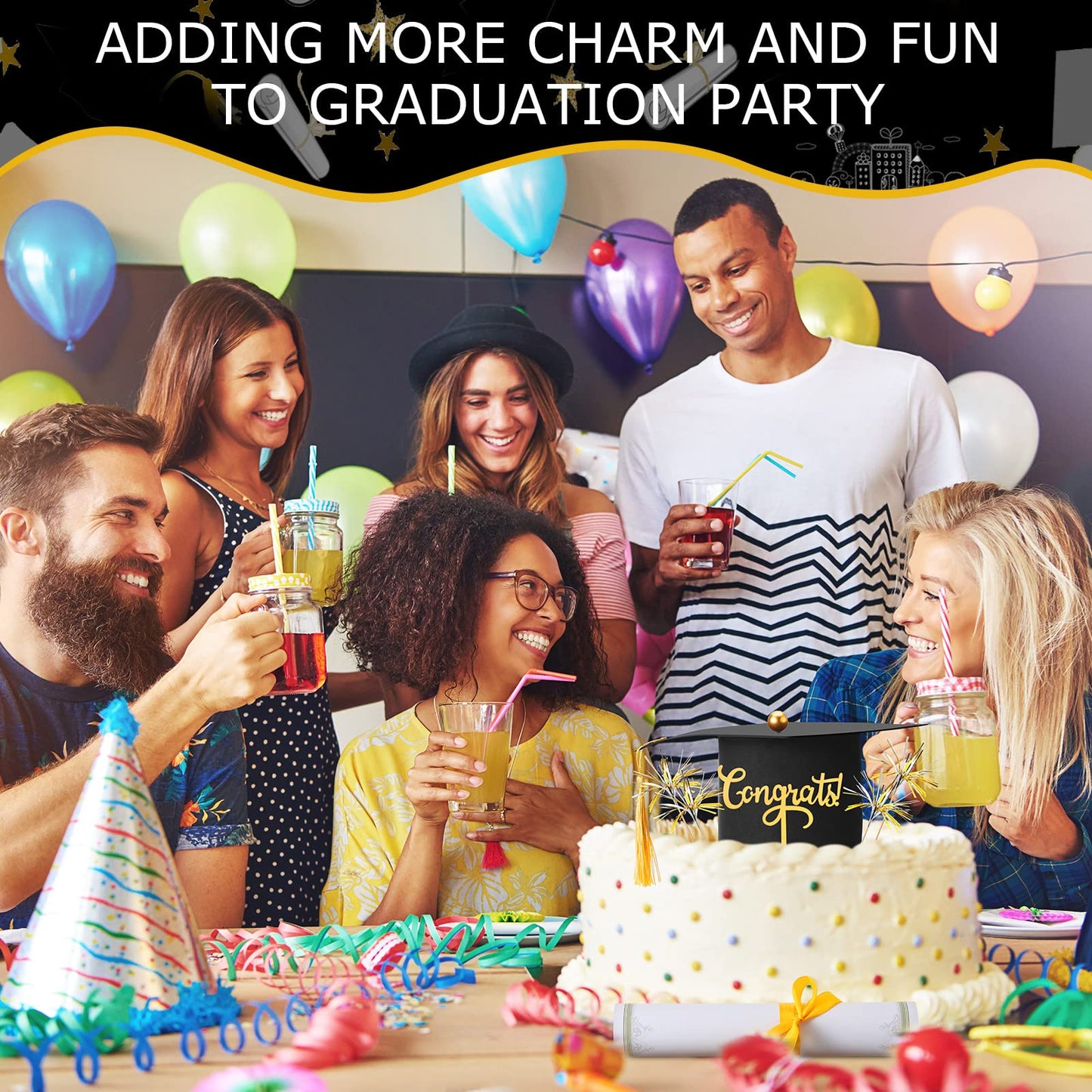 7 Pieces Graduation Cap Cake Topper Decorations Kit with Paper Diploma Congrats Cupcake Toppers Firework Food Topper for Graduation Party Cake Decoration Supply