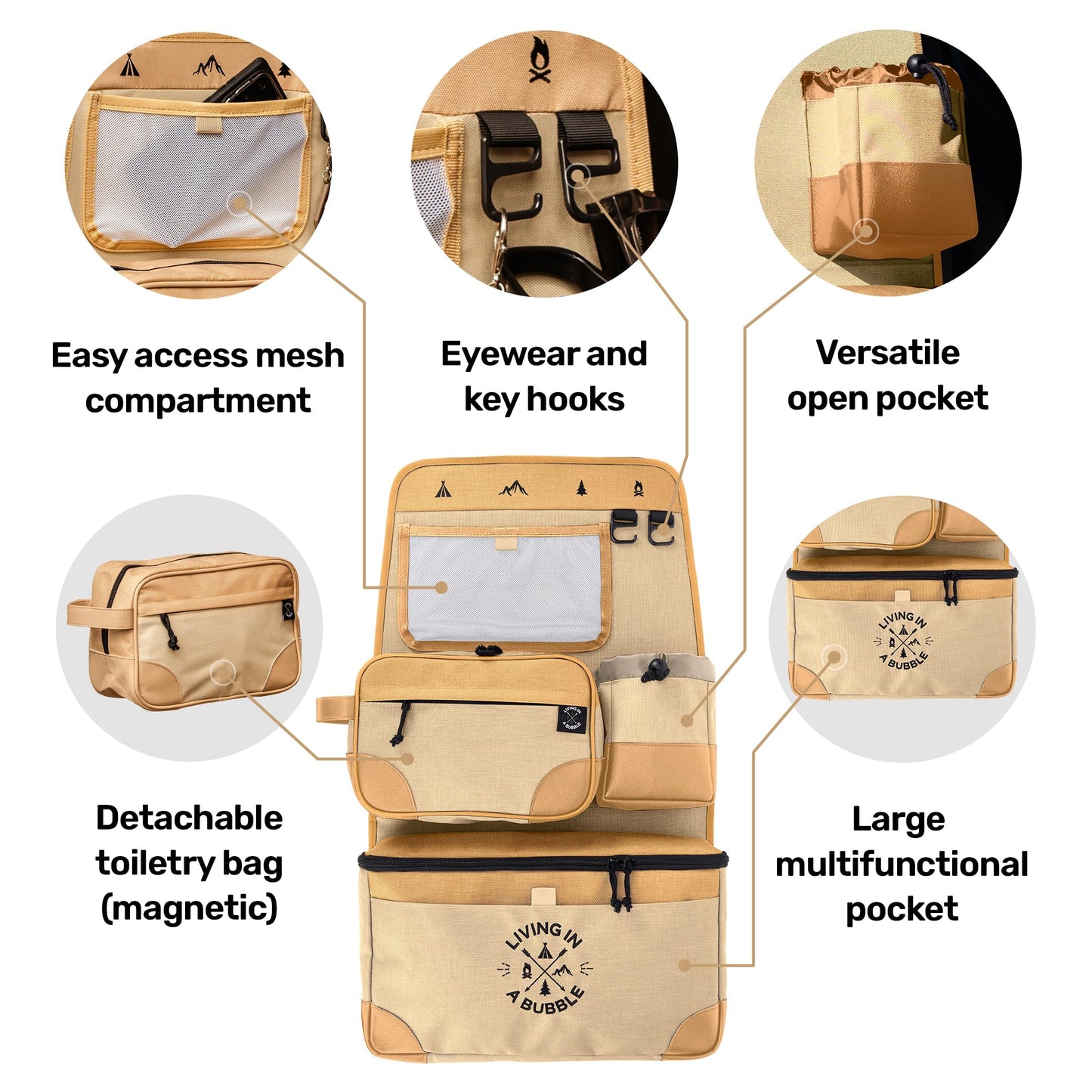 Living in a Bubble Seat back Organizer – Magnetic Toiletry and Cooler Pouch, Cordura Car Backseat Storage with Device Holder & Hooks, Multi-Compartment Utility Bag for Campervans & Family Travel